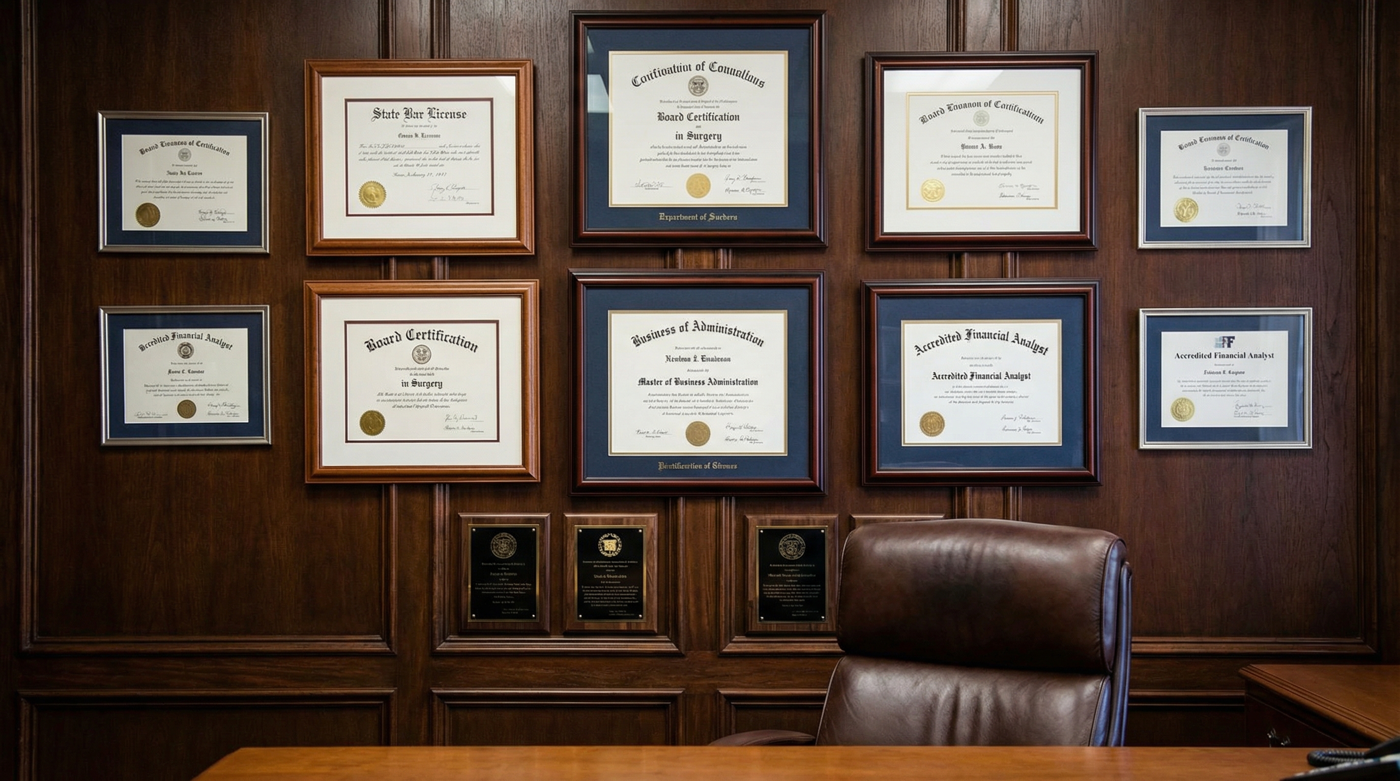 Professional appraiser certificates and credentials displayed on wall