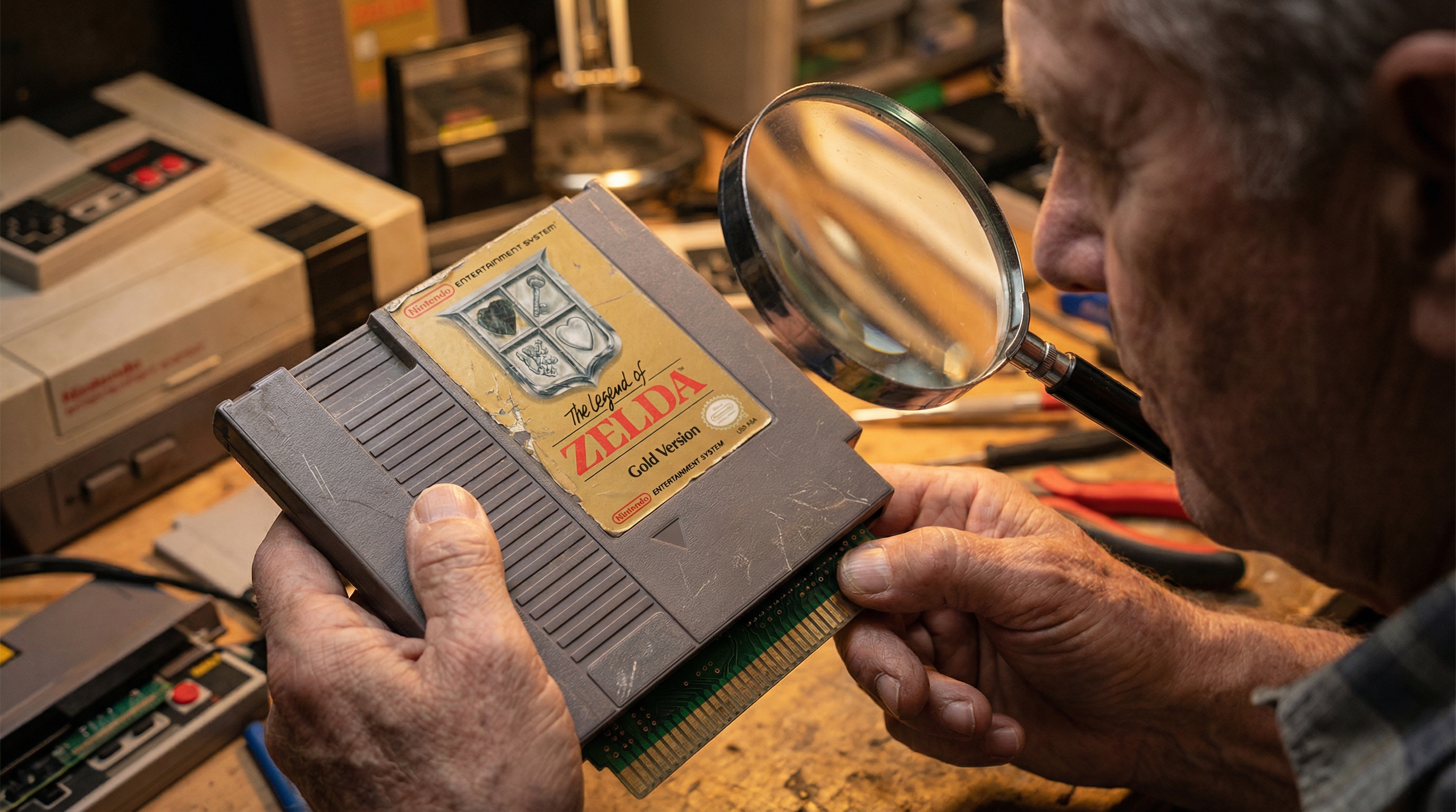 Person examining video game cartridge with magnifying glass