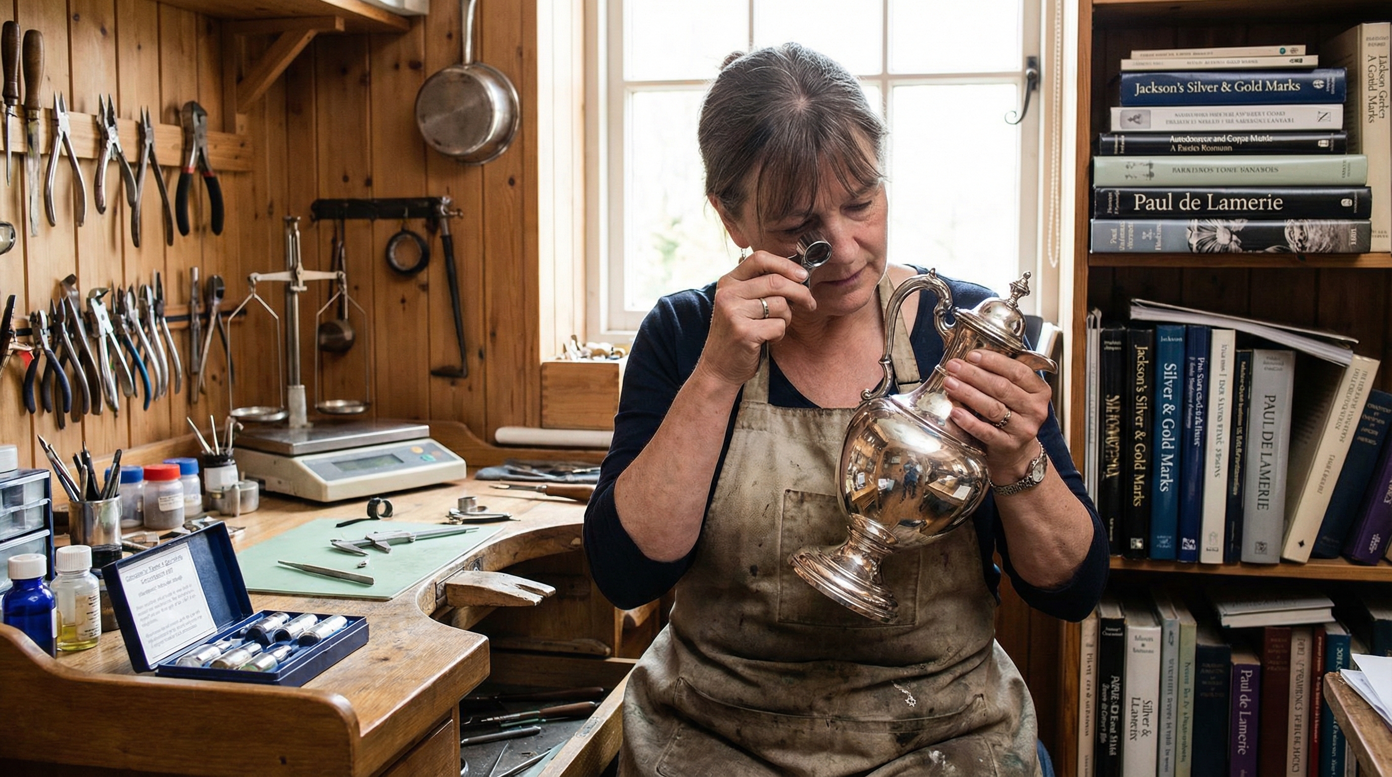 professional appraiser examining silver piece with specialized tools and reference books