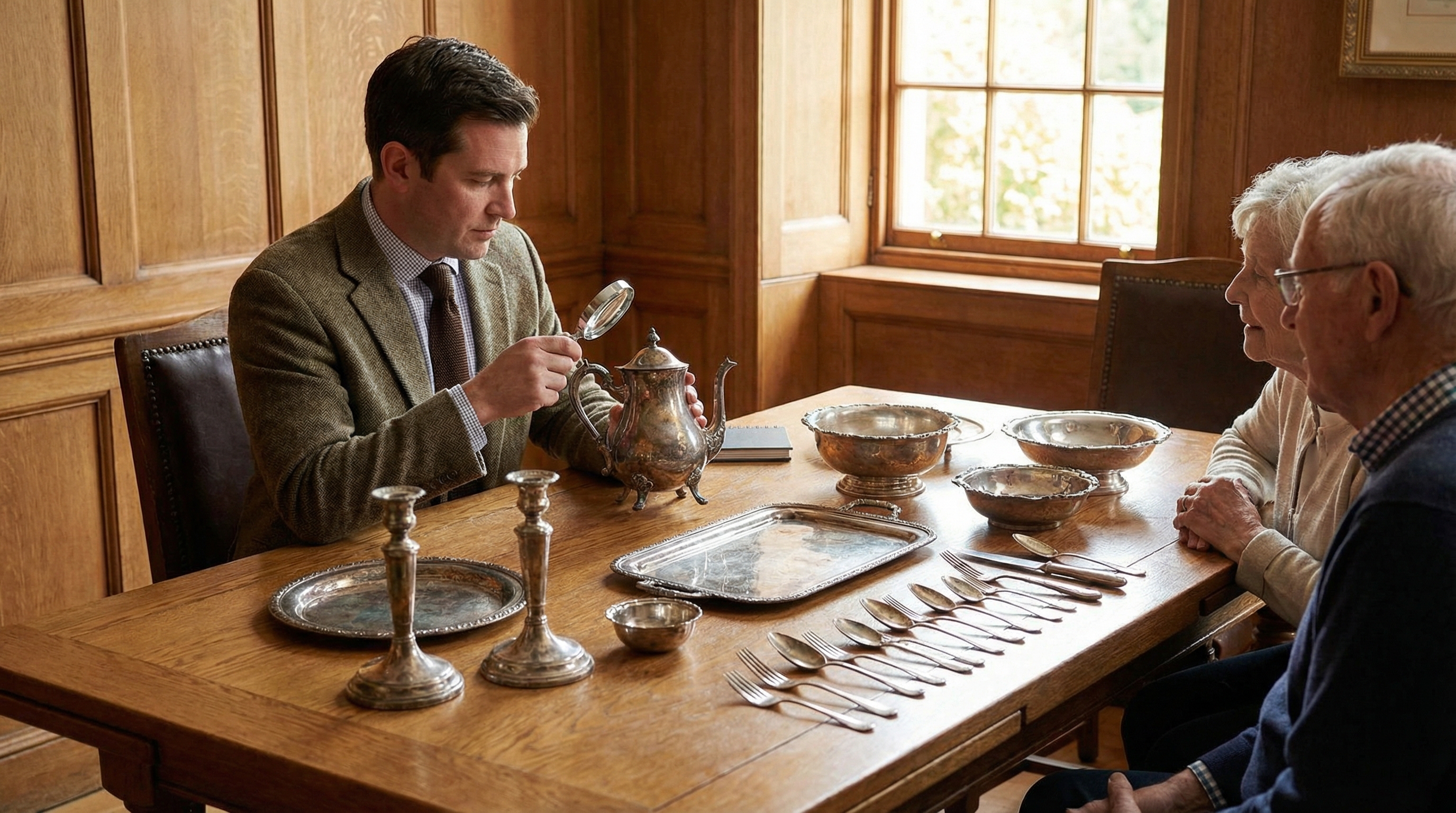 Antique silver collection being appraised by professional appraiser