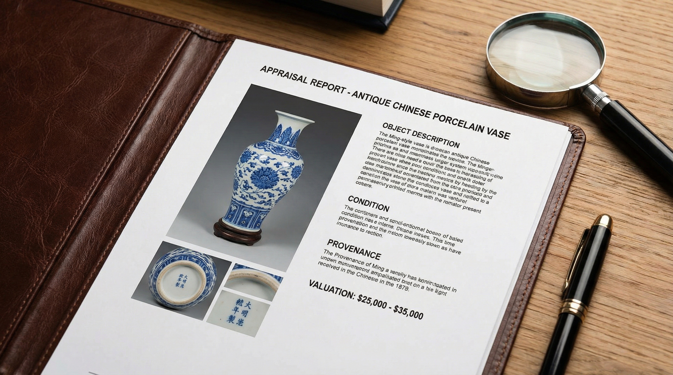 Detailed appraisal report showing antique vase with photos and documentation