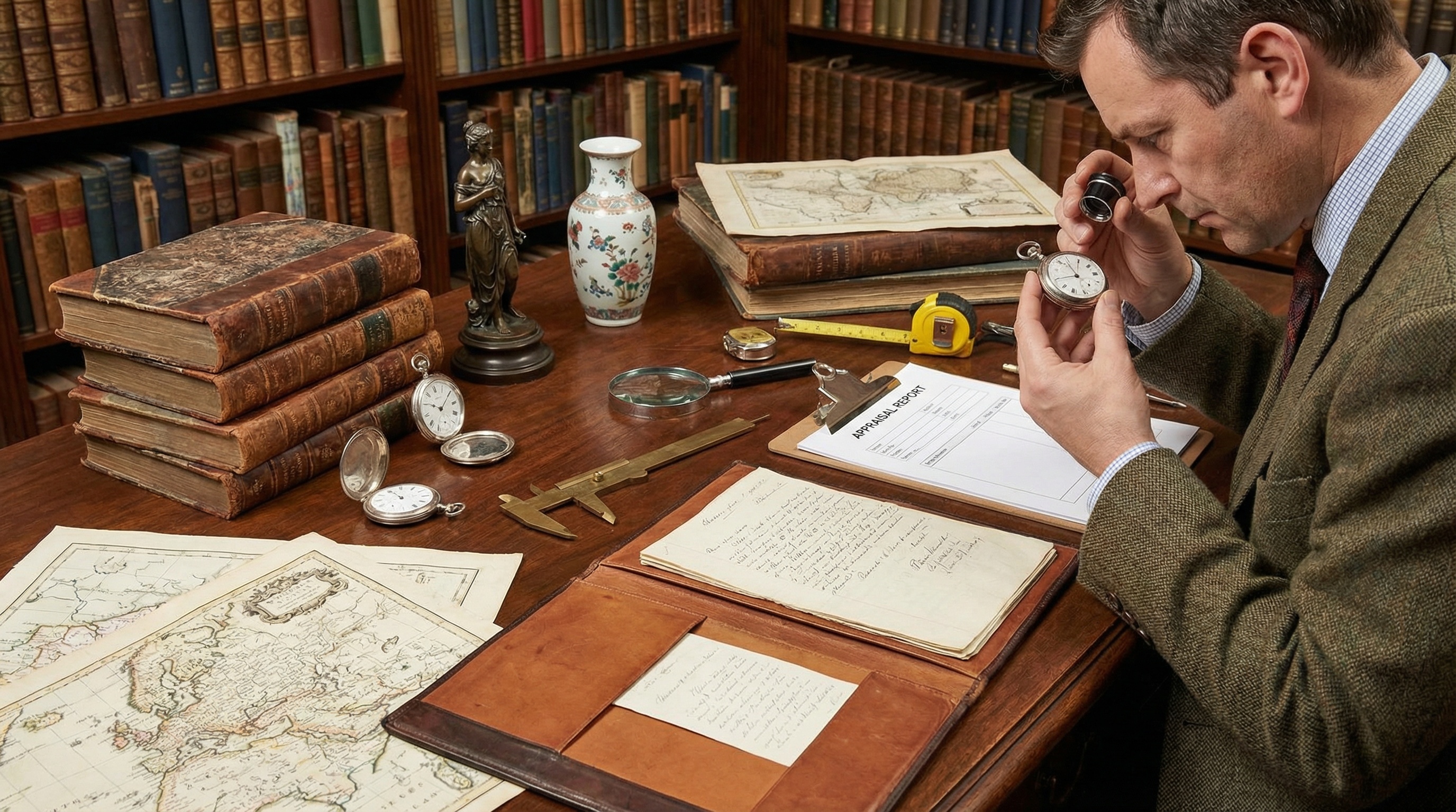 Antique collection arranged for professional appraisal with measuring tools and documentation