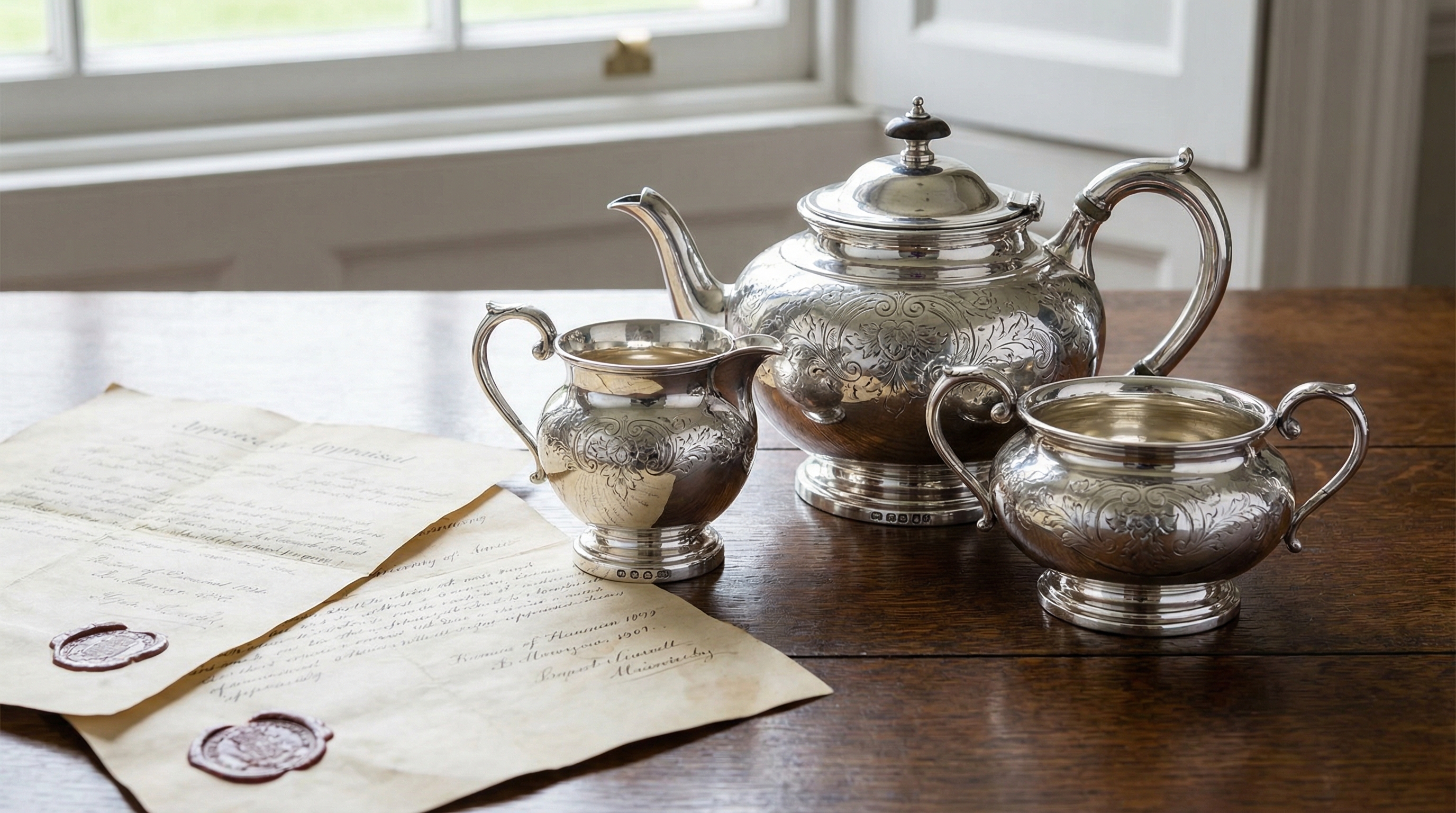Antique silver tea set with hallmarks and appraisal documents