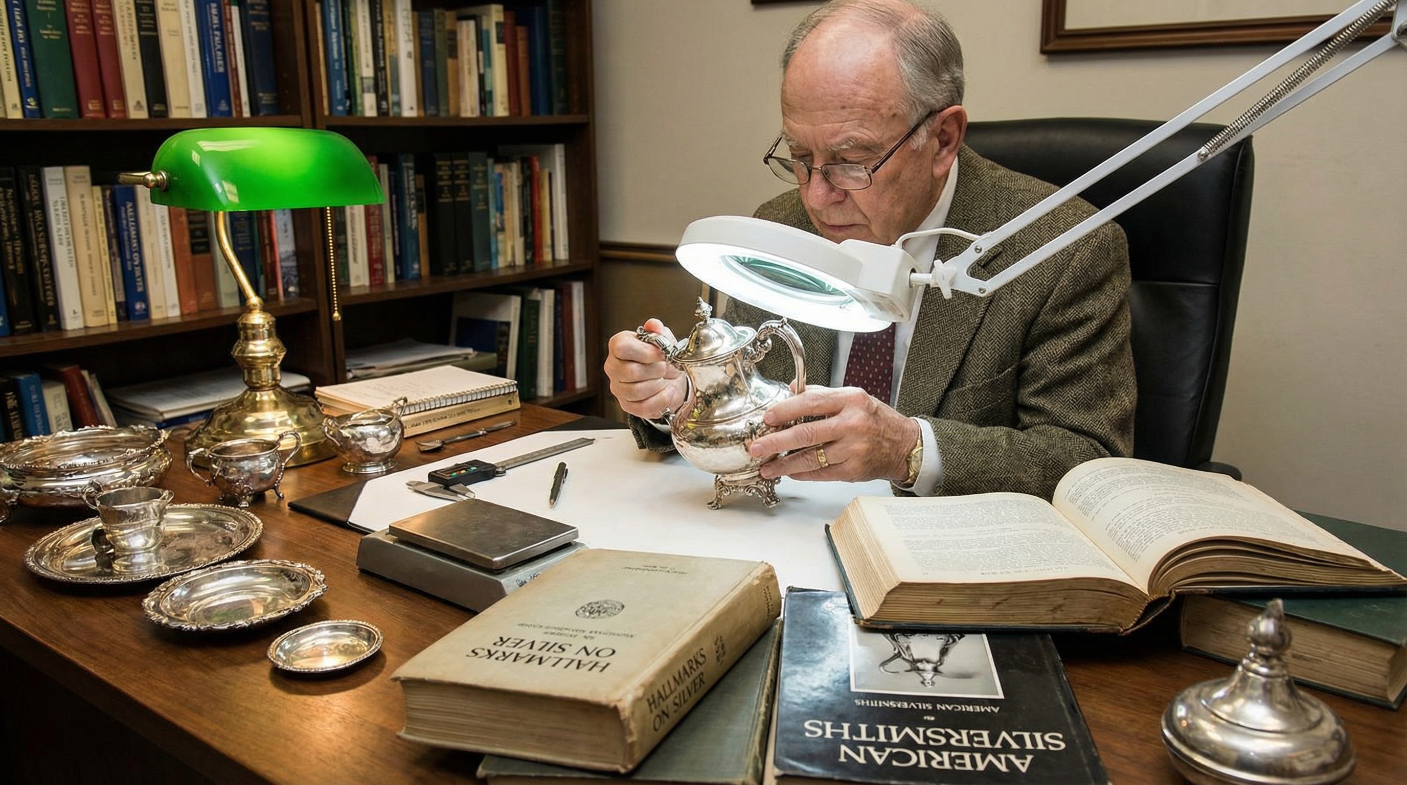Professional appraiser examining silver pieces with tools and reference books