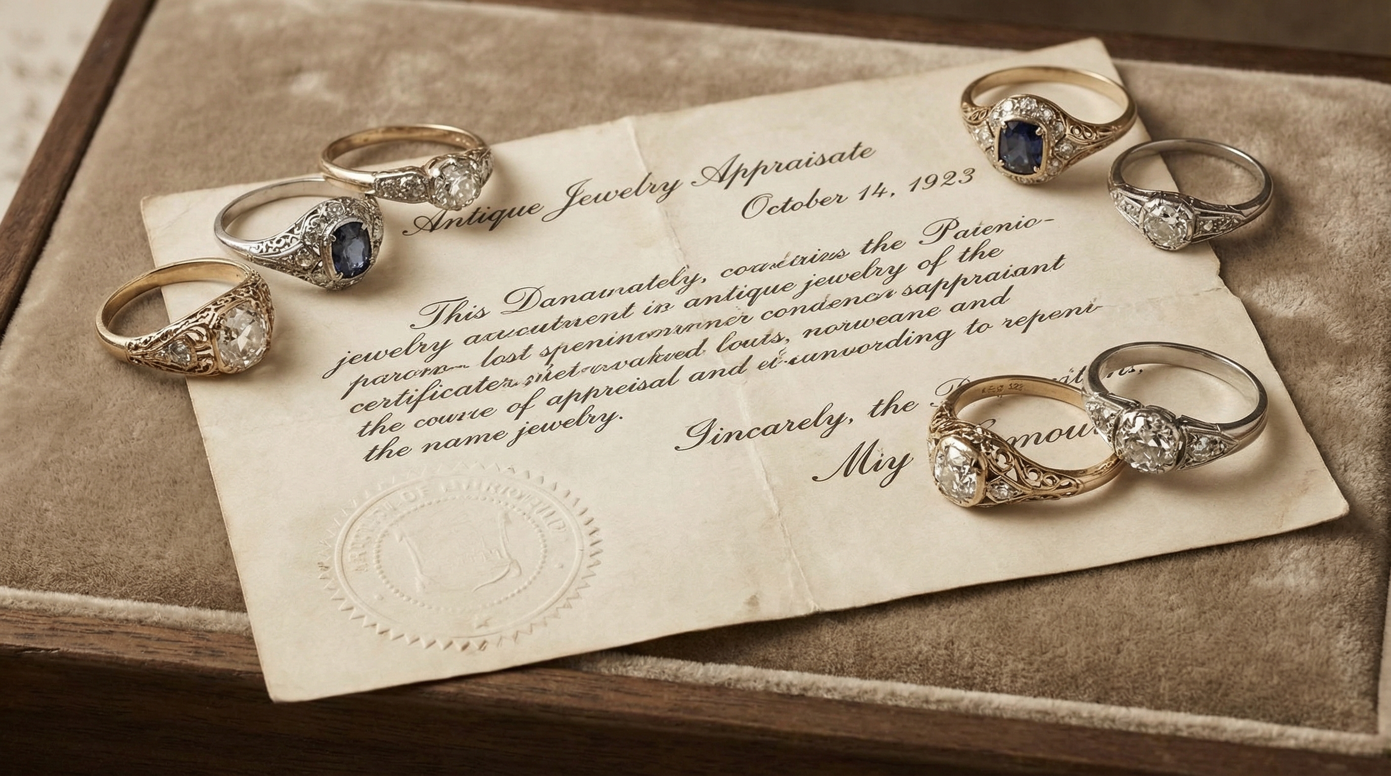 antique jewelry appraisal certificate with vintage rings