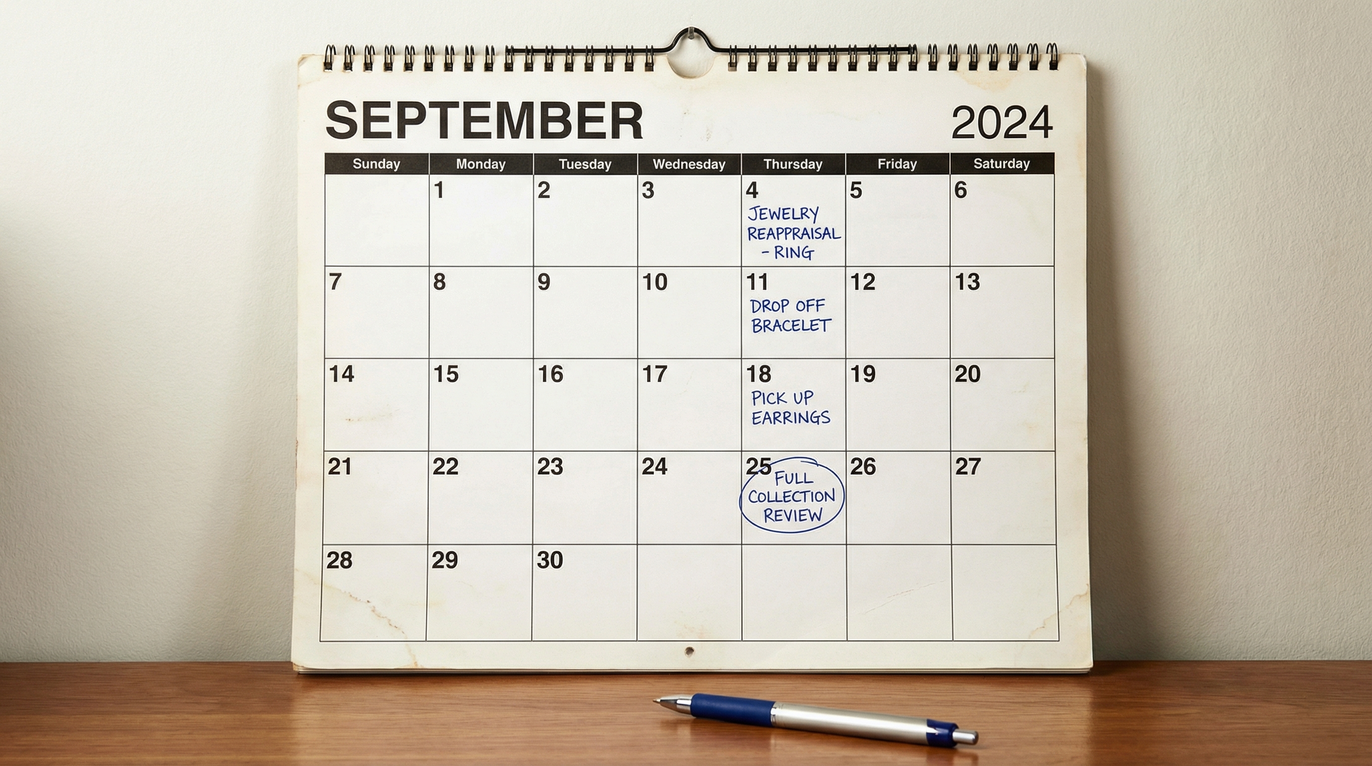 calendar with jewelry reappraisal schedule marked