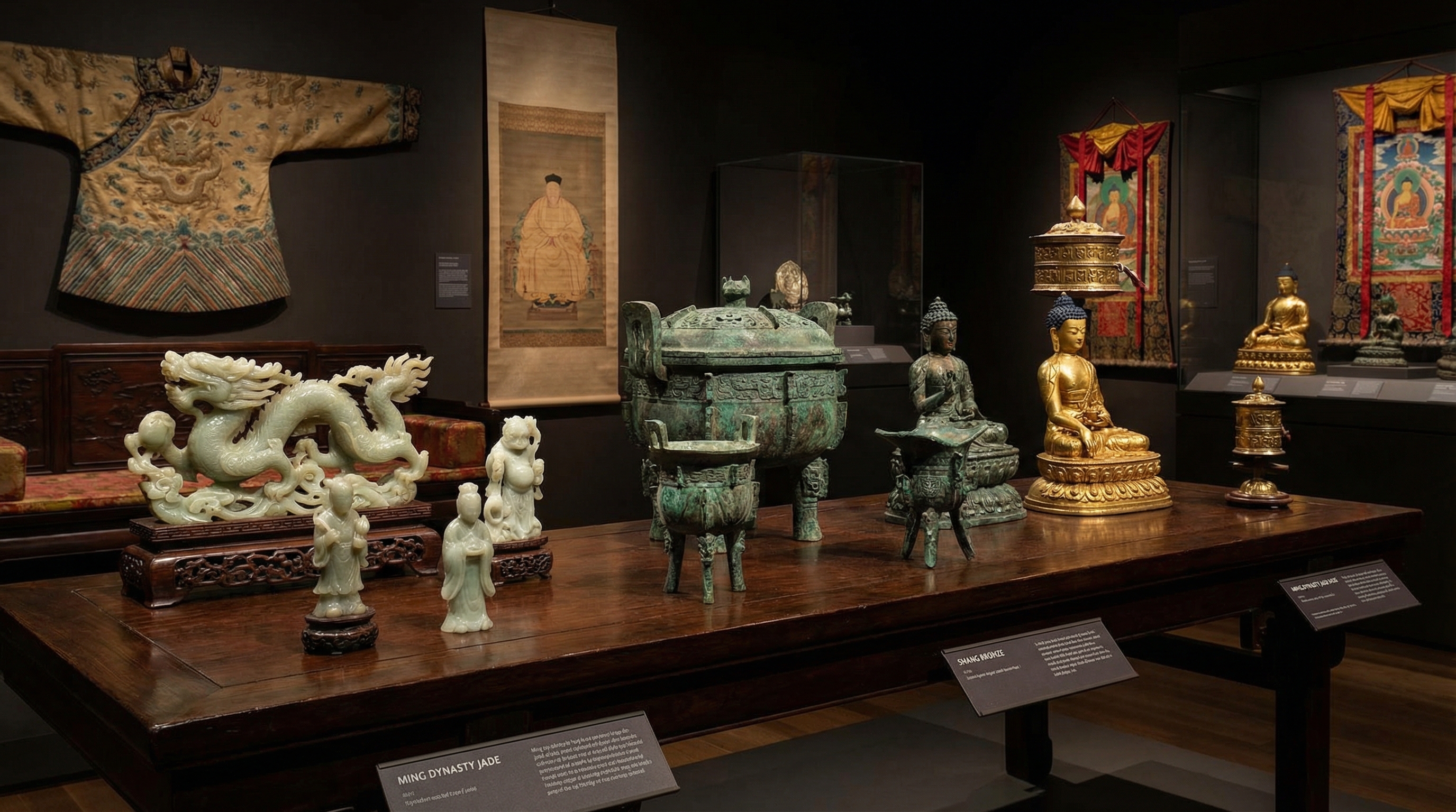 Collection of jade carvings, bronze sculptures, and religious artifacts