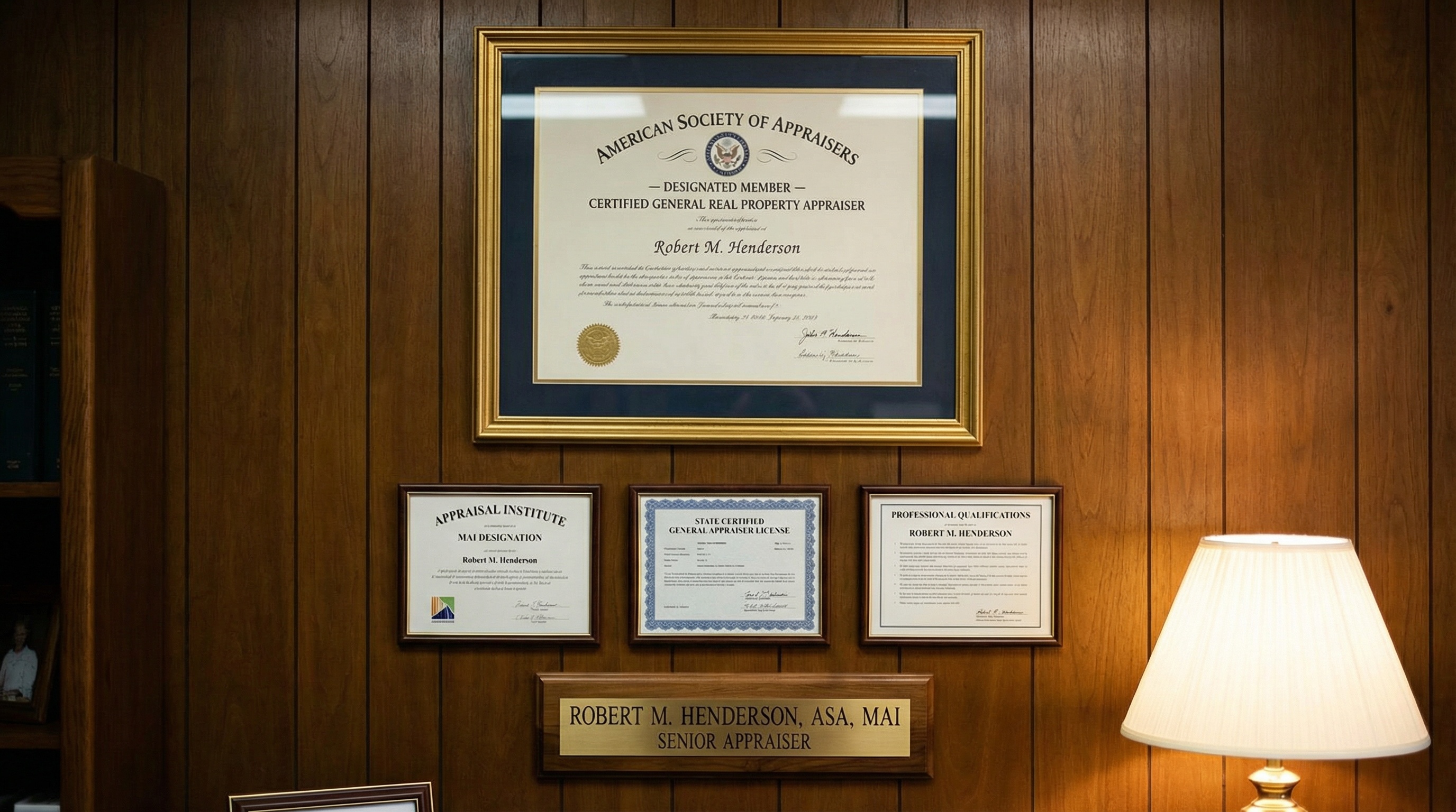 Professional appraiser credentials and certificates on wall