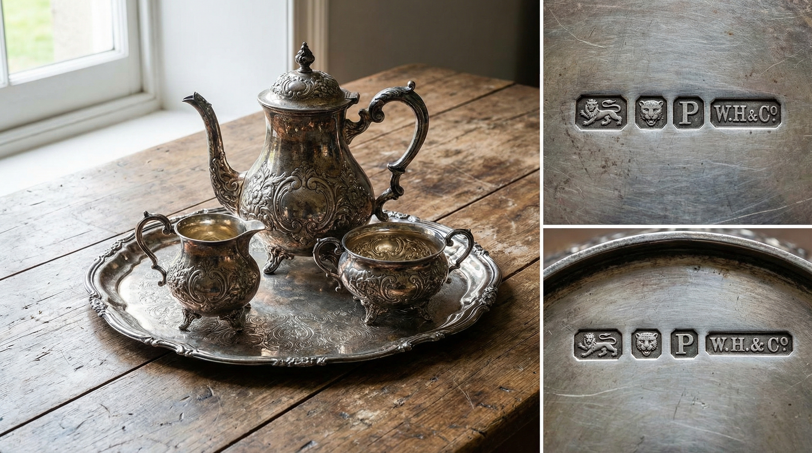 Antique silver tea set with hallmarks on wooden table