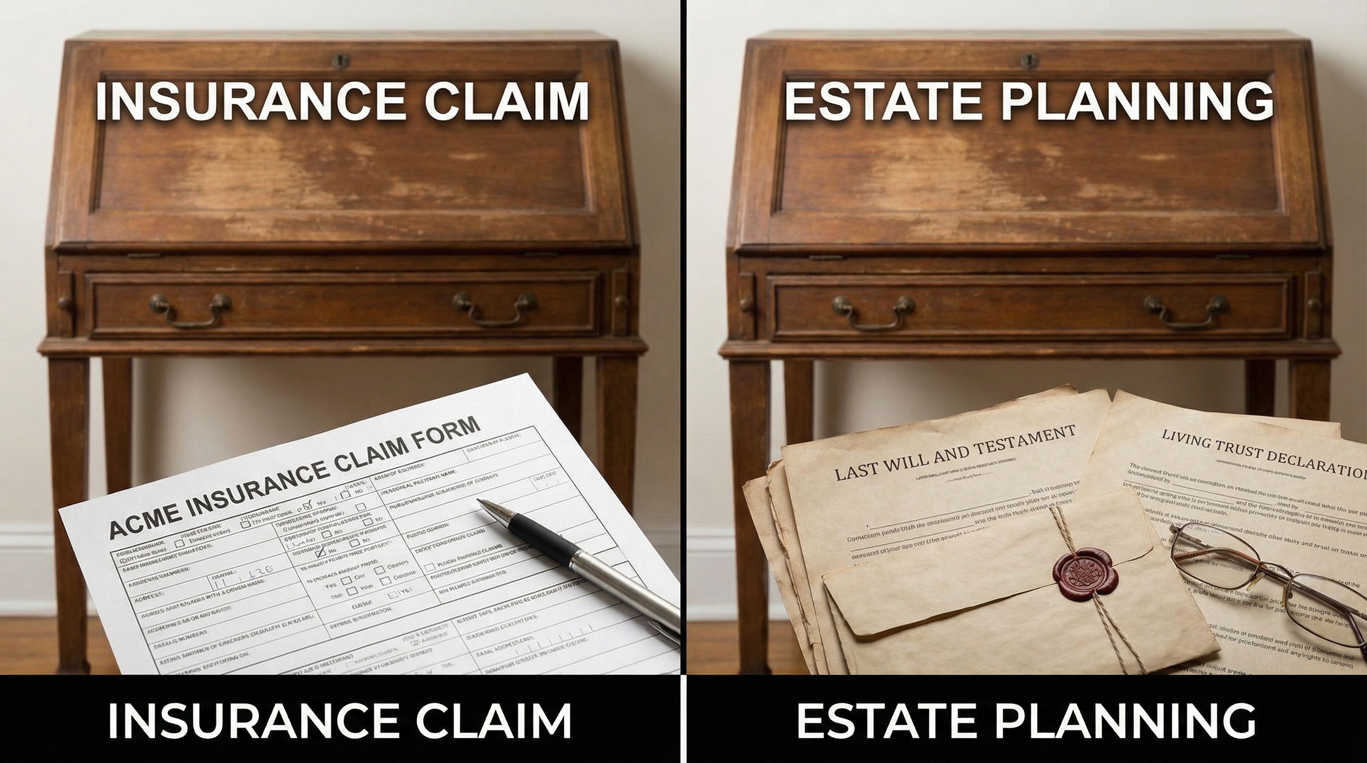 Split image showing insurance claim form next to estate planning documents with antique secretary desk in background