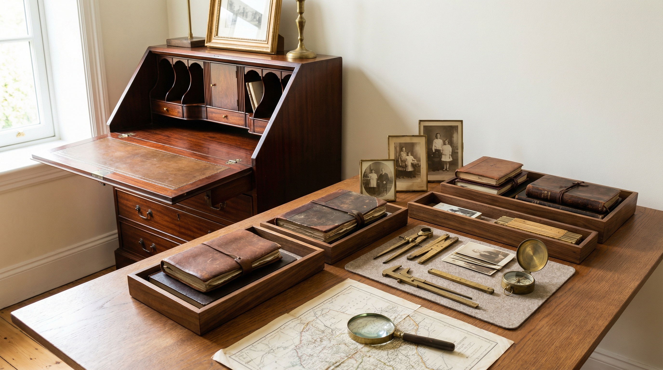 Organized collection of documents, photos, and measuring tools laid out next to an antique secretary desk