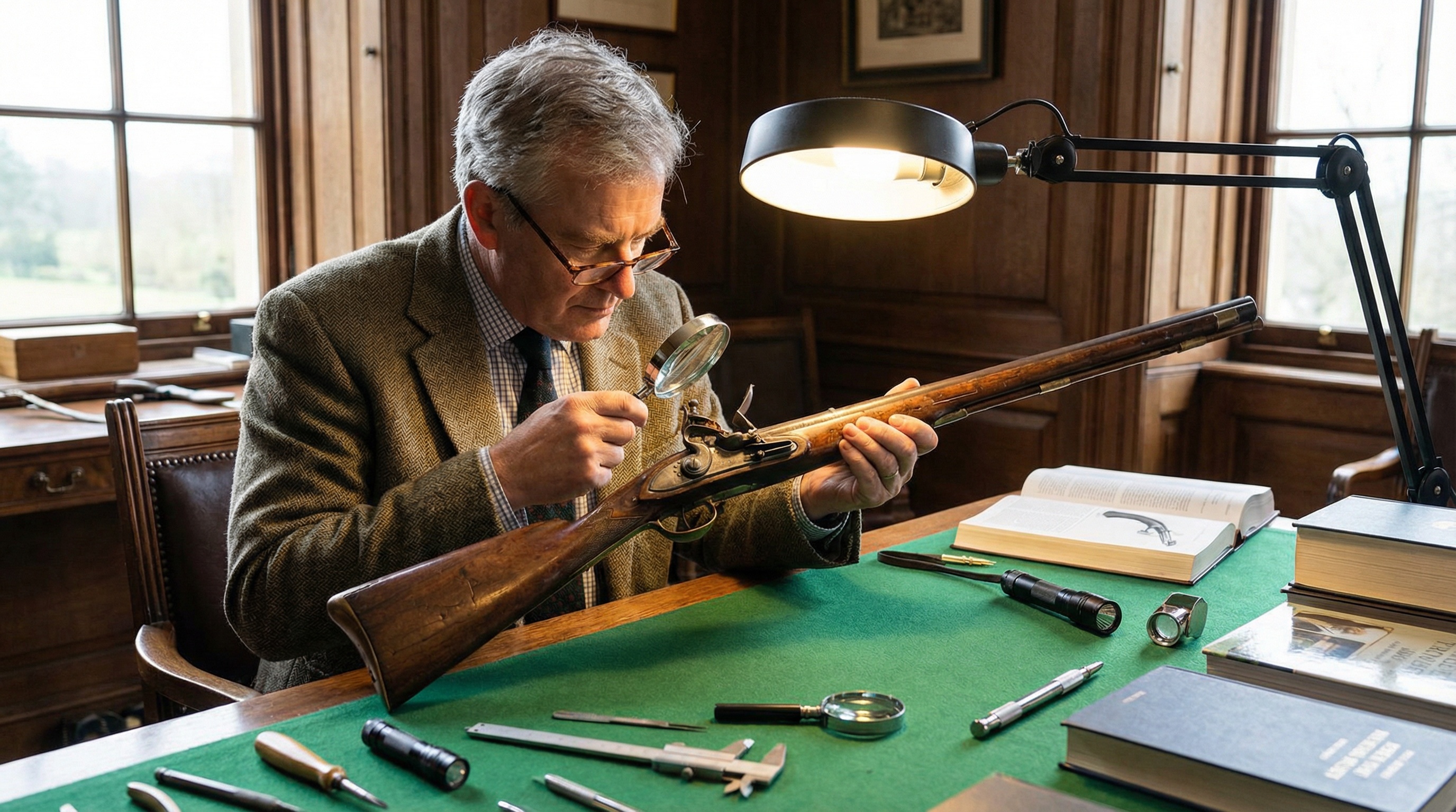 Professional appraiser examining an antique rifle with magnifying glass while reviewing documentation