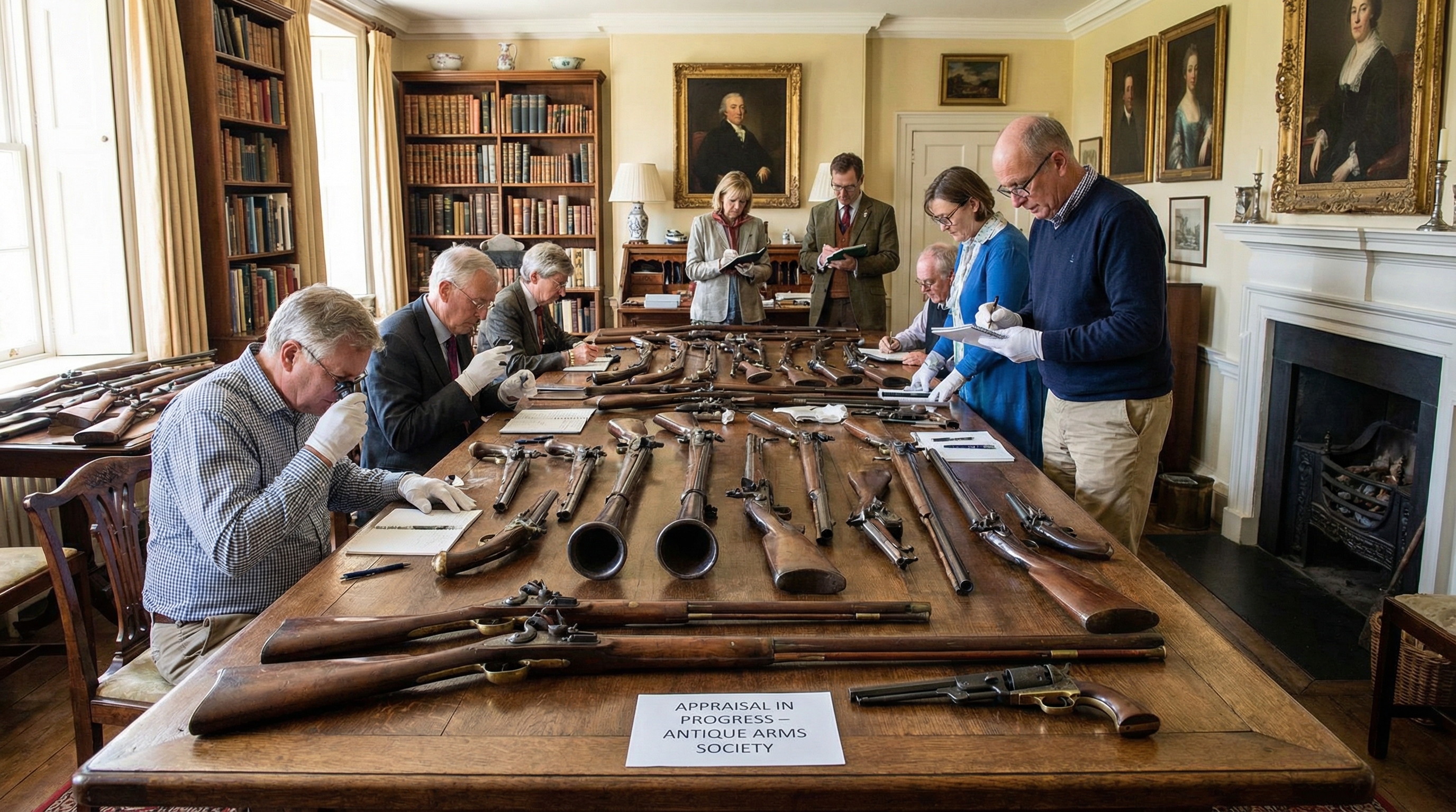 antique-firearms-collection-laid-out-for-appraisal-inspection