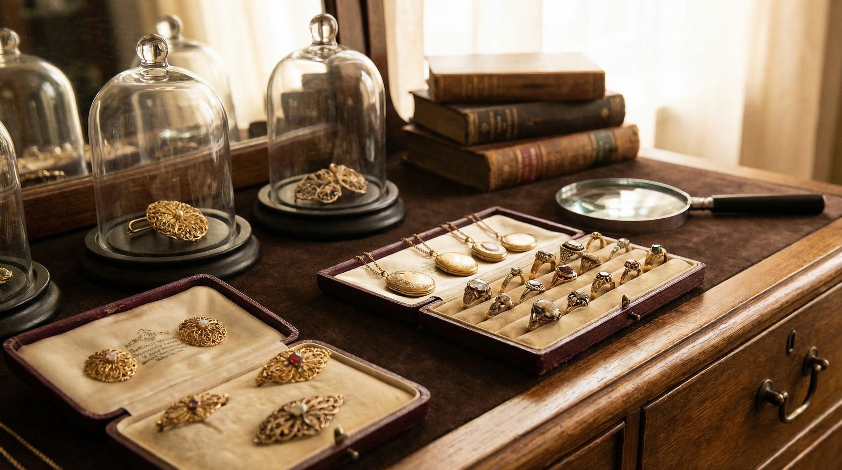 Antique jewelry collection with vintage rings, necklaces and brooches on elegant display