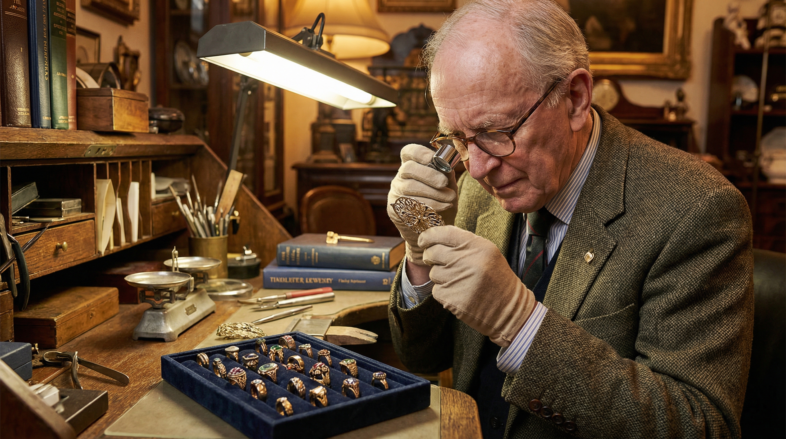 Professional appraiser examining antique jewelry with magnifying glass and tools