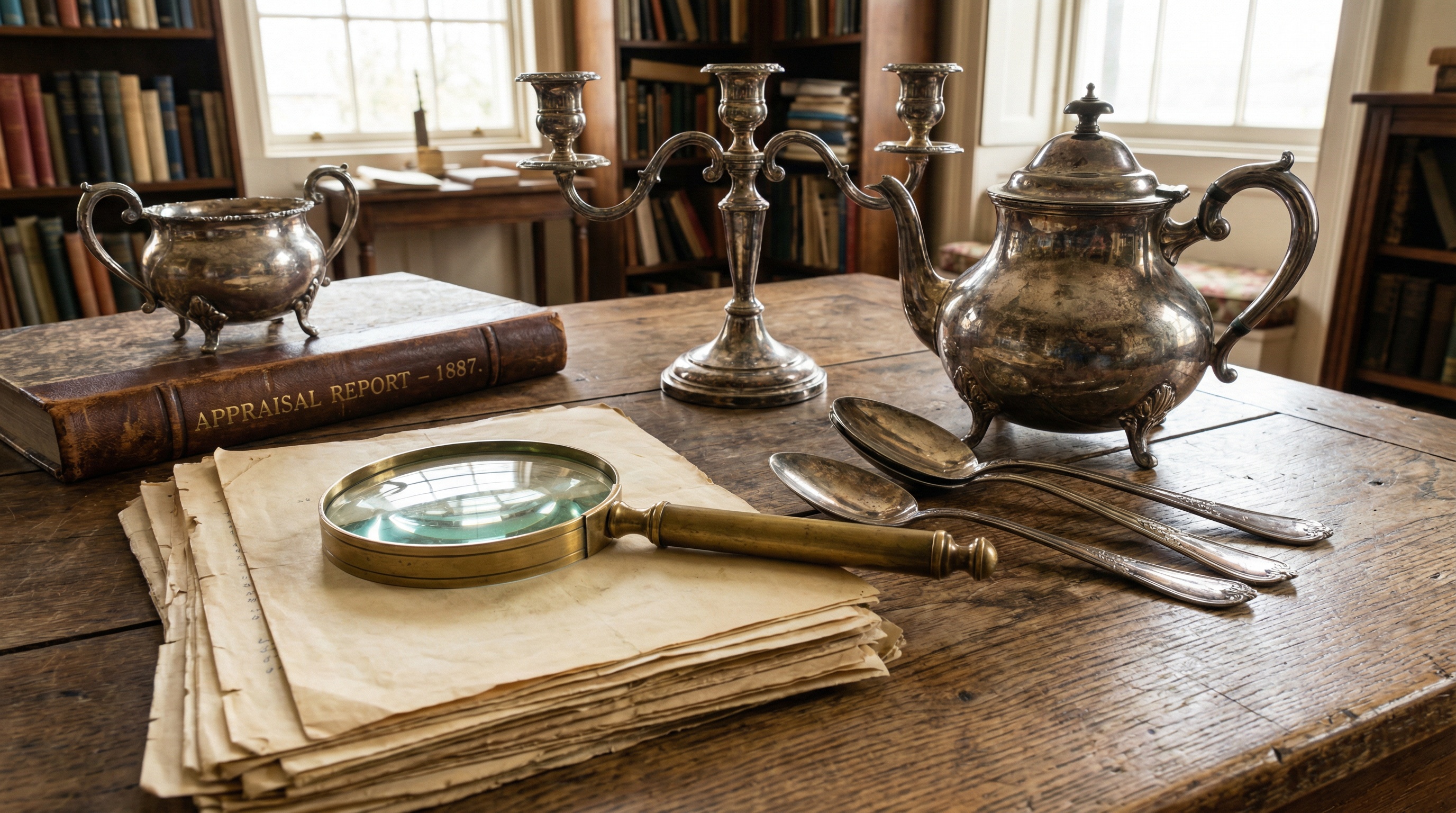 antique silver pieces on appraisal table with magnifying glass and documentation