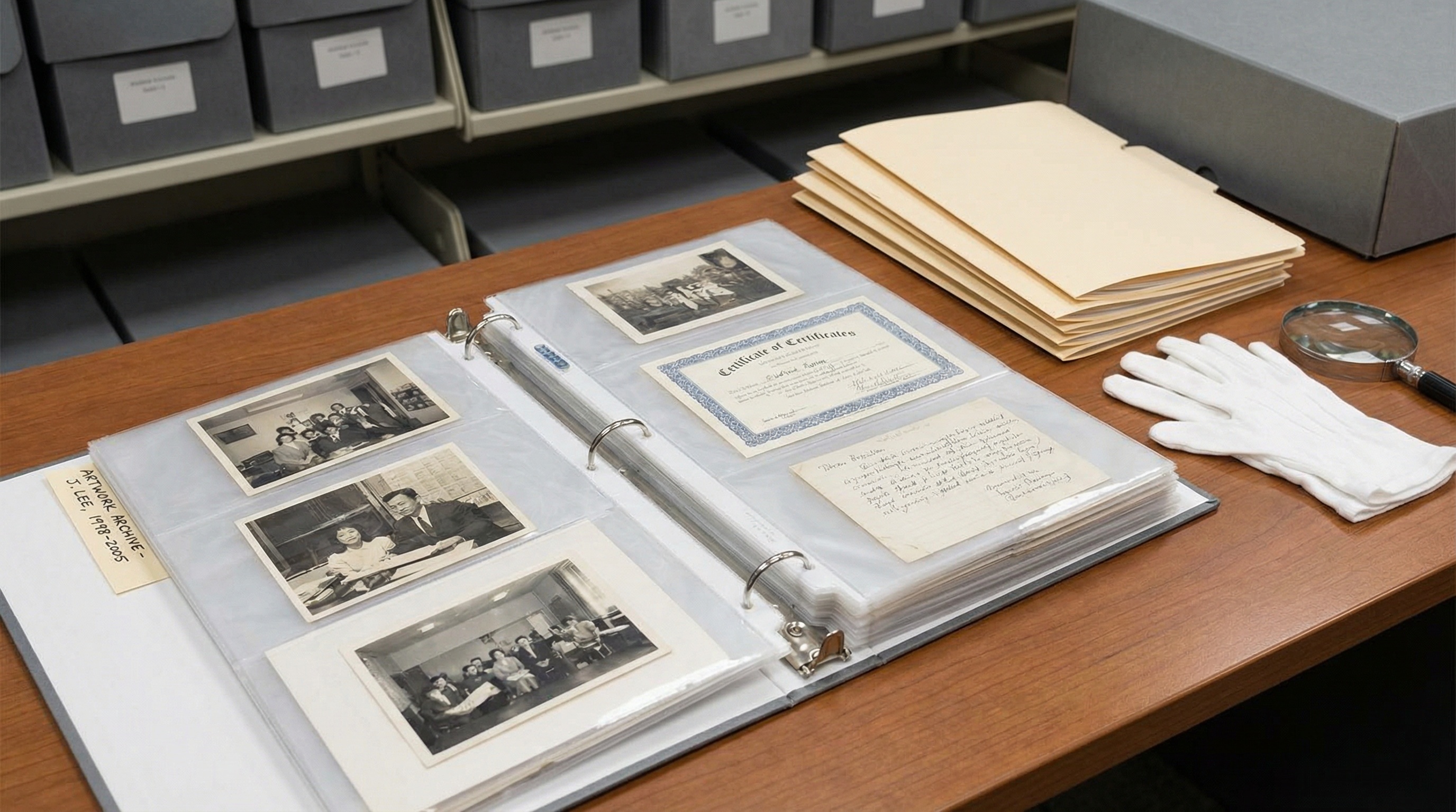 organized artwork documentation folder with photos and certificates