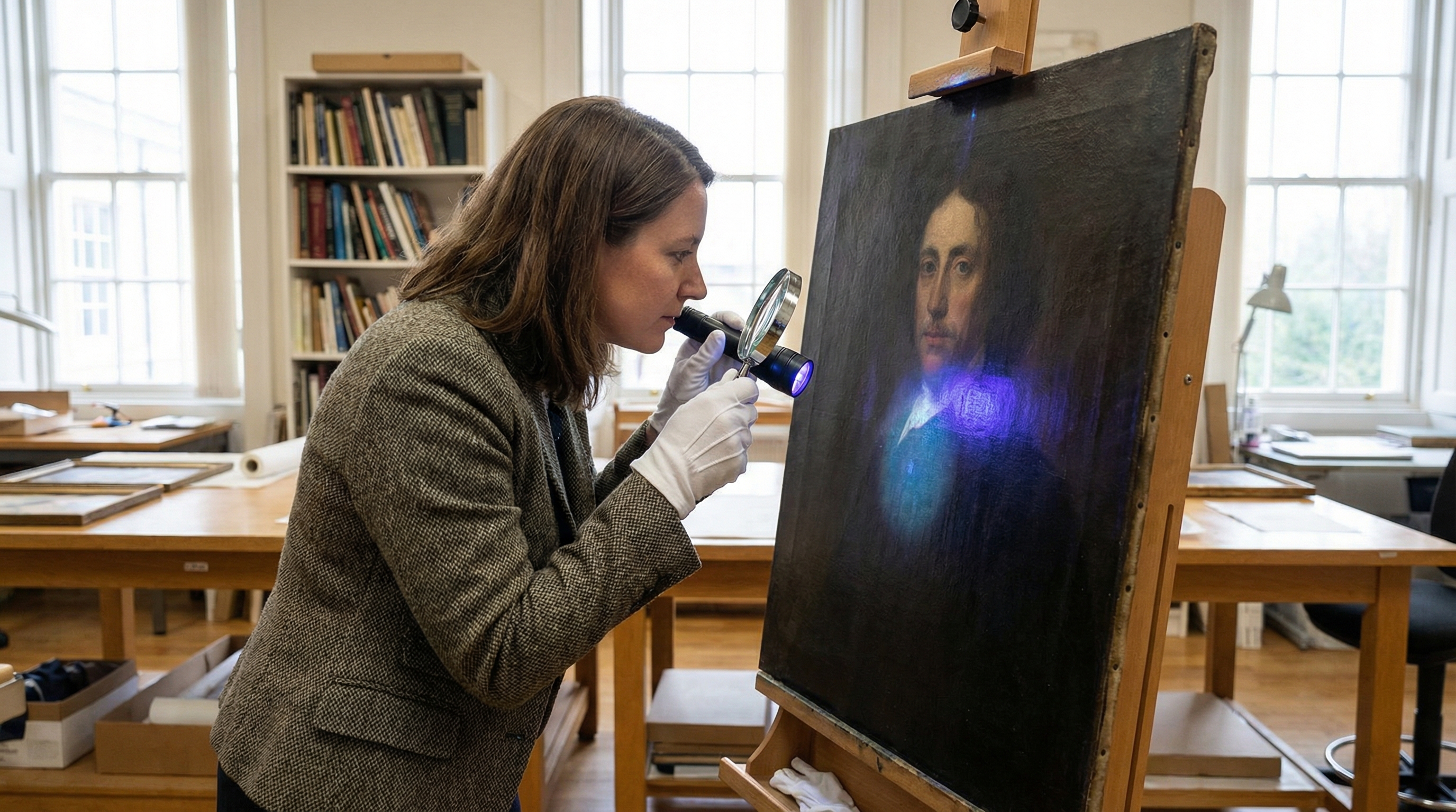 Professional appraiser examining an antique painting with magnifying glass and UV light in a well-lit studio
