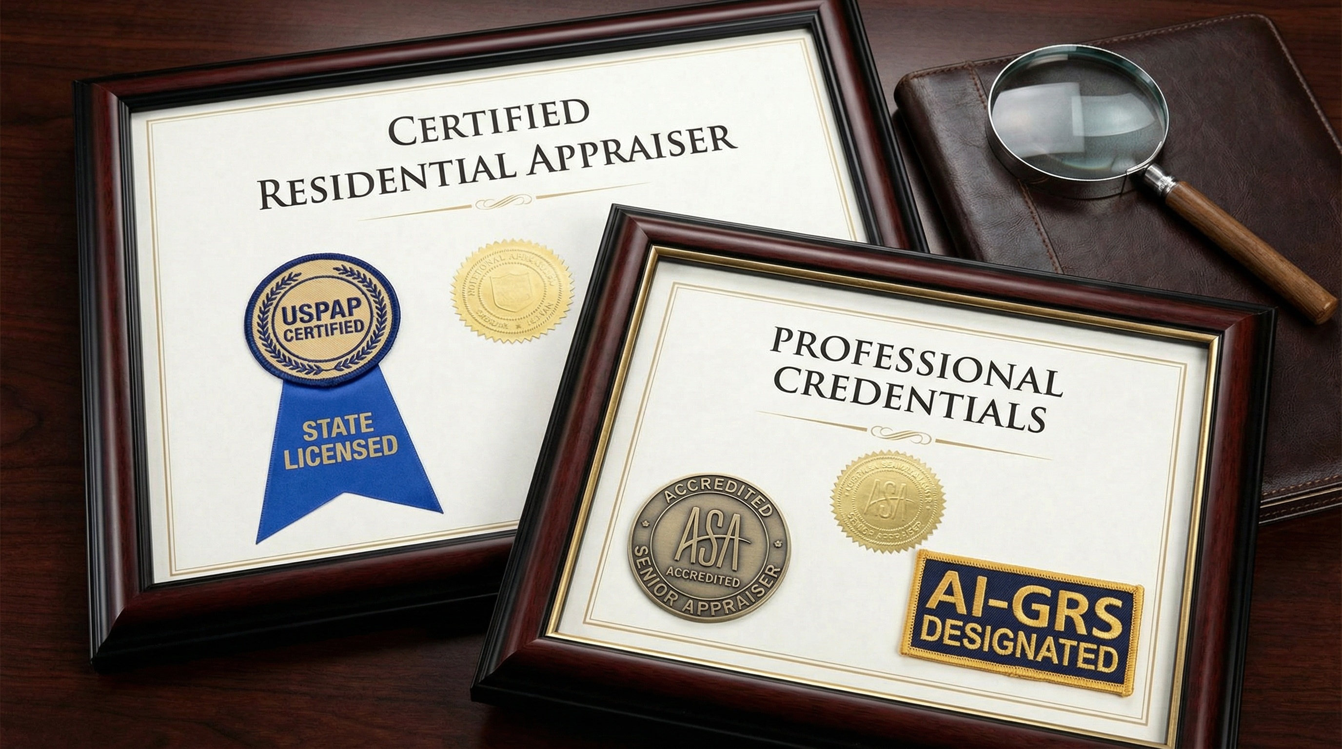 certified appraiser credentials and professional equipment