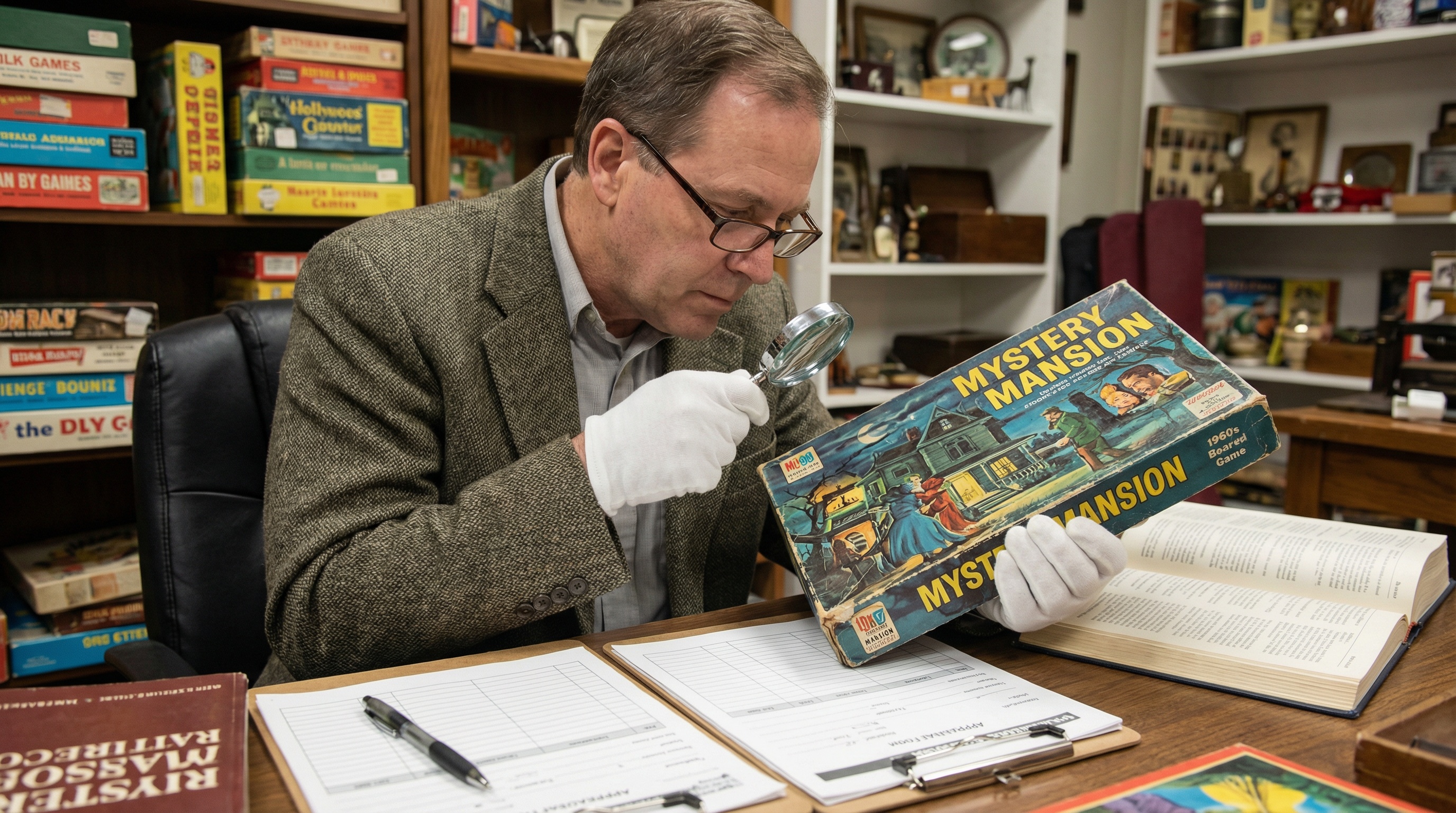 professional appraiser examining vintage board game with magnifying glass and documentation forms
