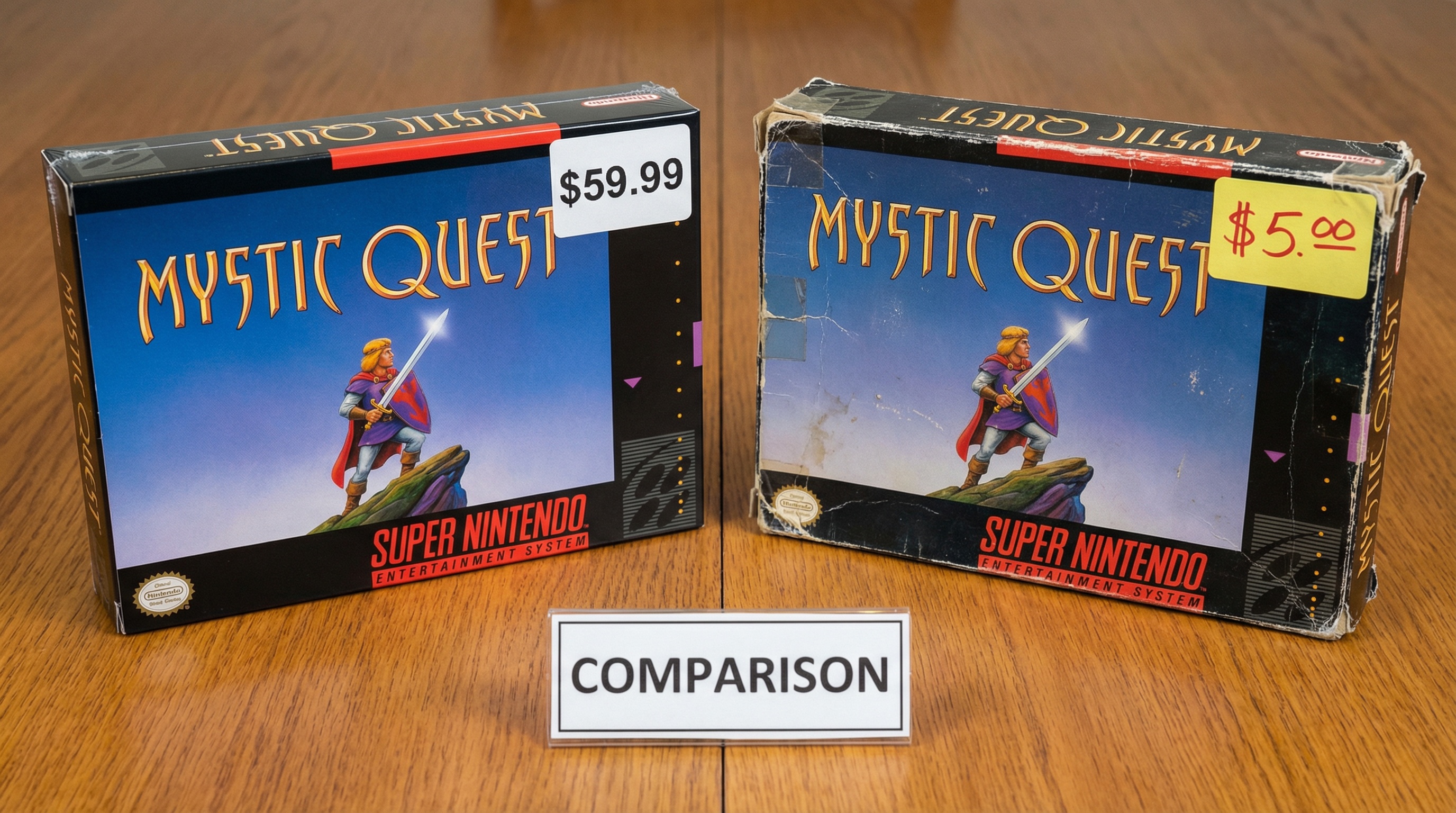 comparison showing pristine board game box next to worn damaged version with price difference labels