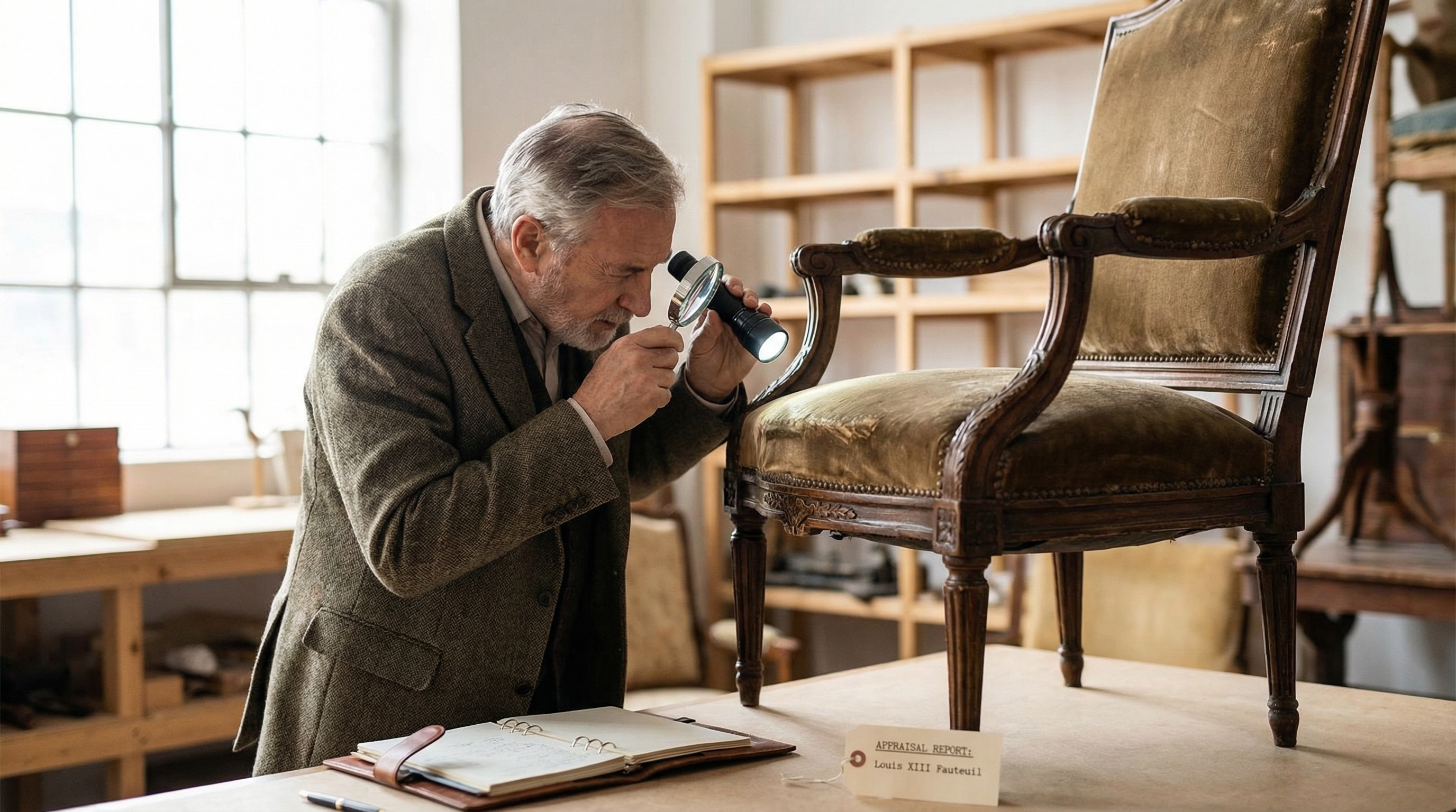 Professional appraiser examining vintage antique chair
