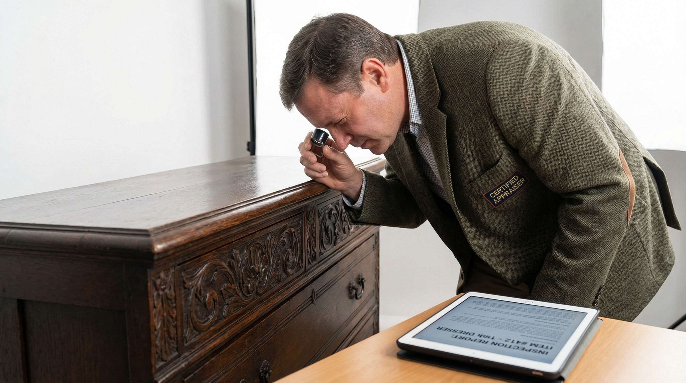 Certified appraiser examining antique wooden dresser with magnifying glass