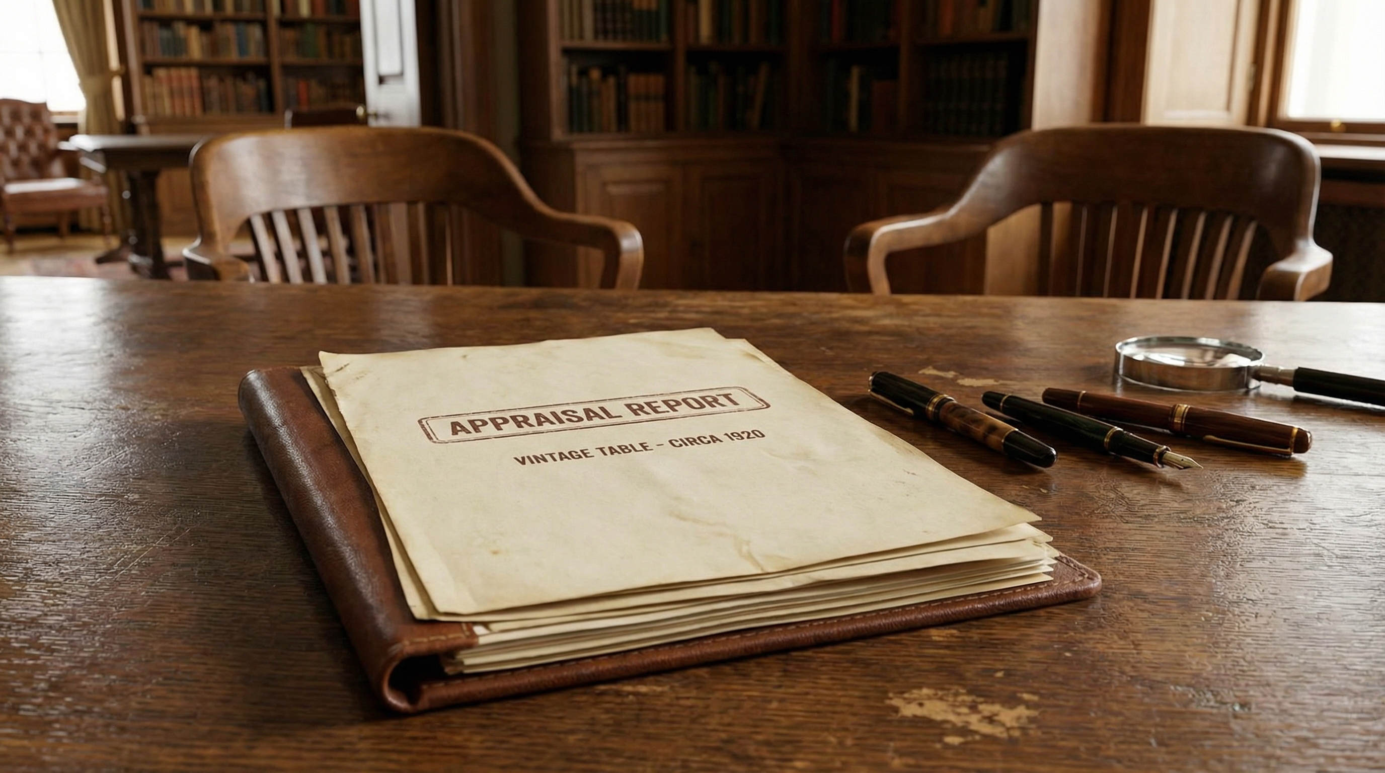Antique furniture appraisal report documents with vintage table