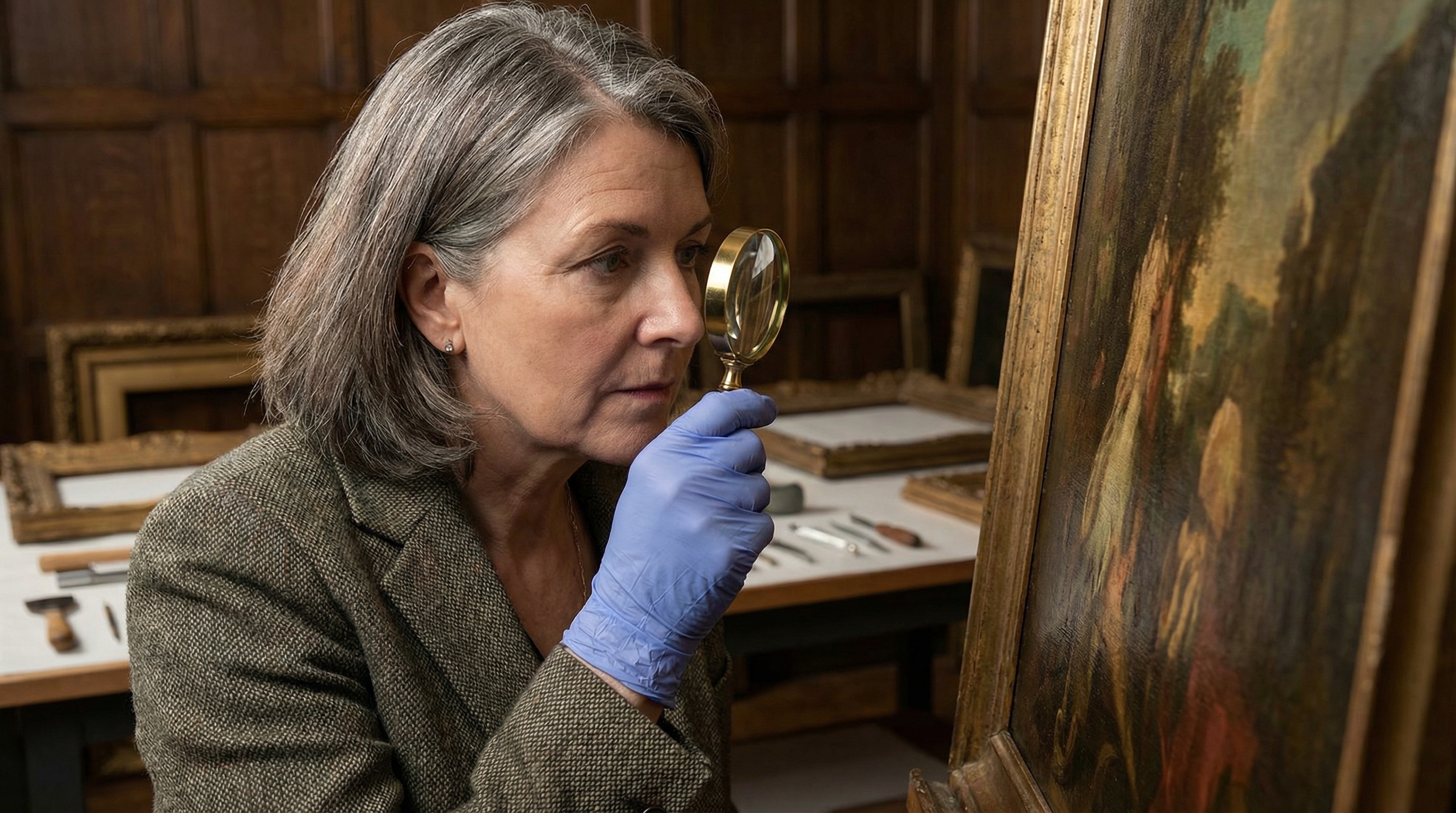 Professional art appraiser using magnifying glass to examine details of antique painting