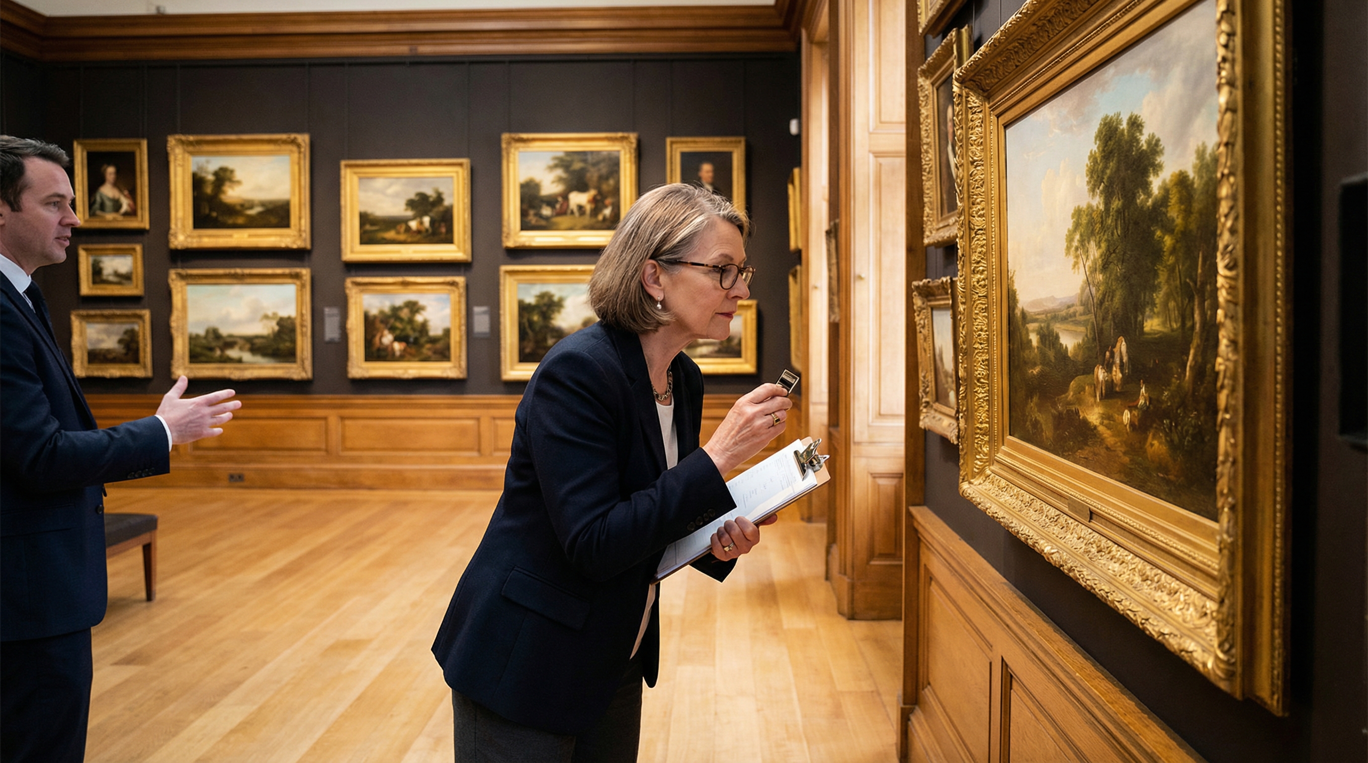 Professional appraiser evaluating antique artwork collection in elegant gallery setting
