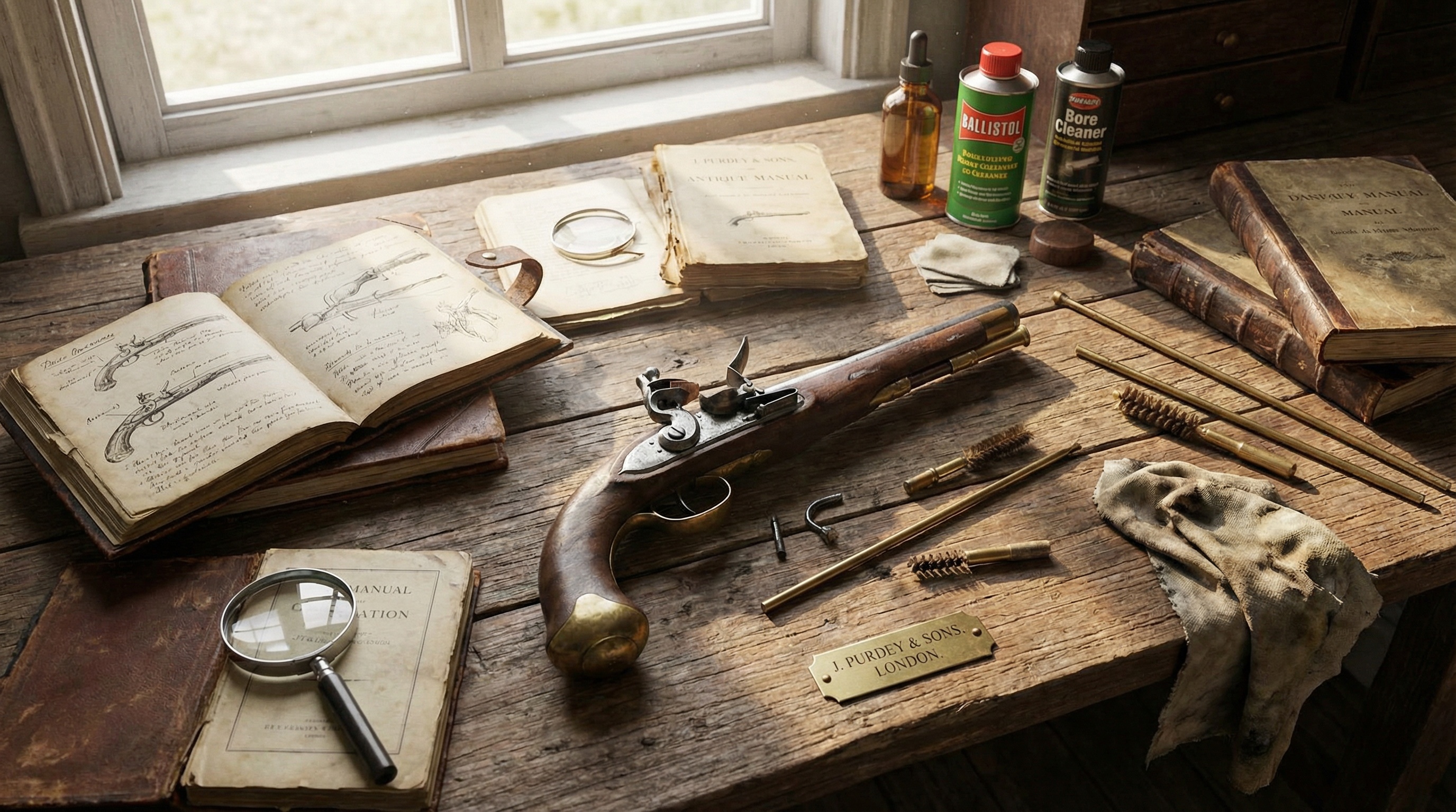Antique gun preparation setup with documentation and cleaning supplies