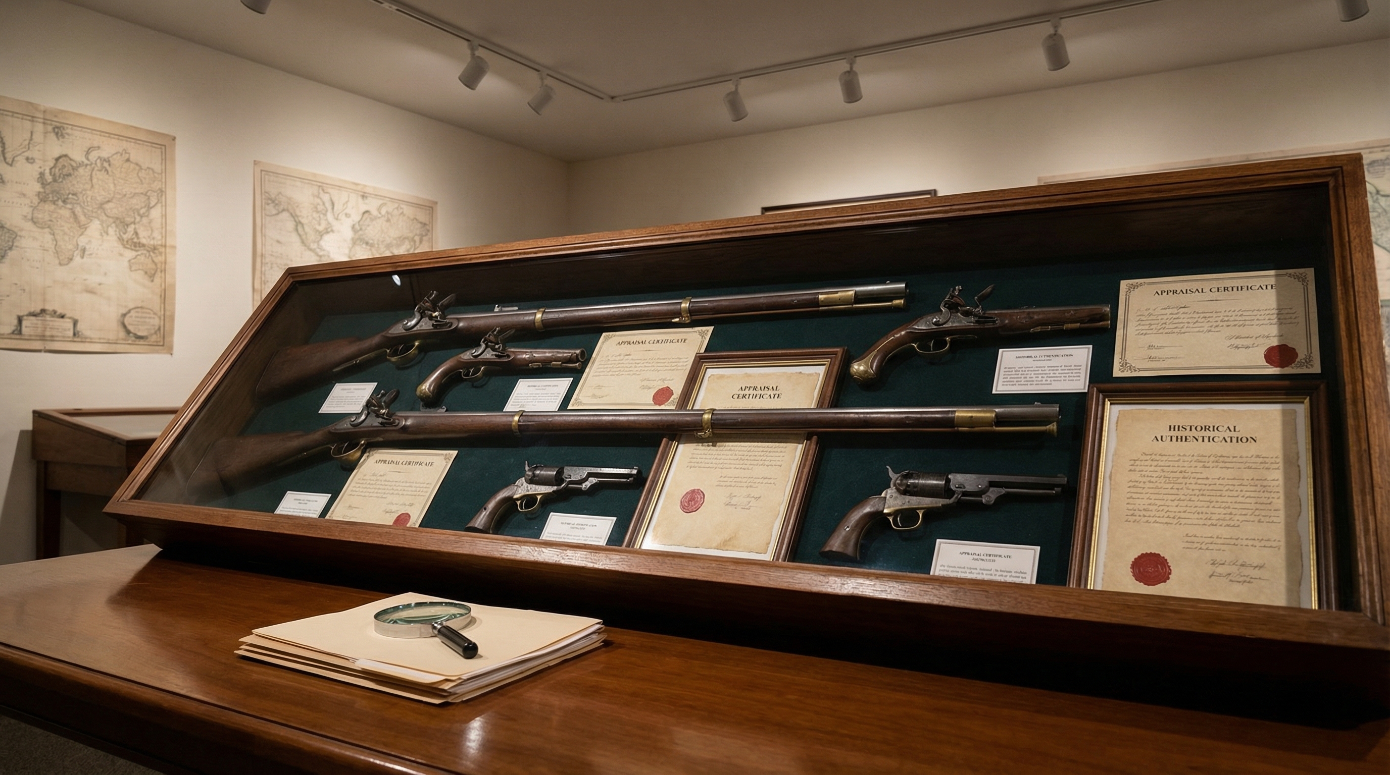 Antique gun collection on display with appraisal documents