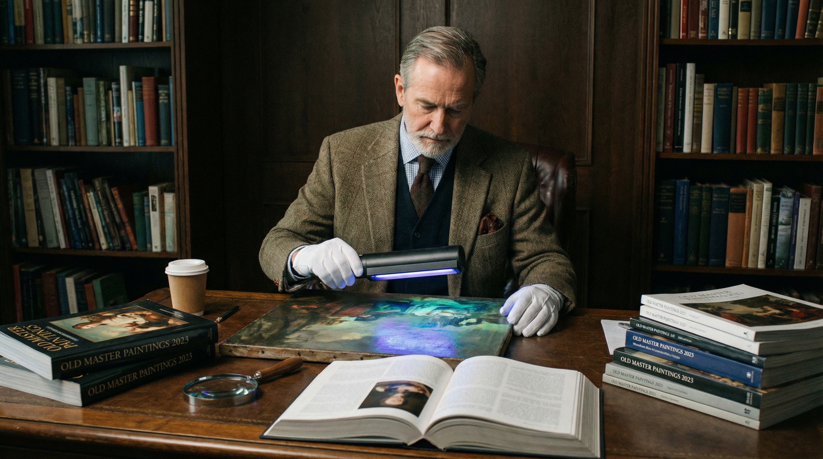 Appraiser using UV light to examine a painting while consulting reference books and auction catalogs on a desk