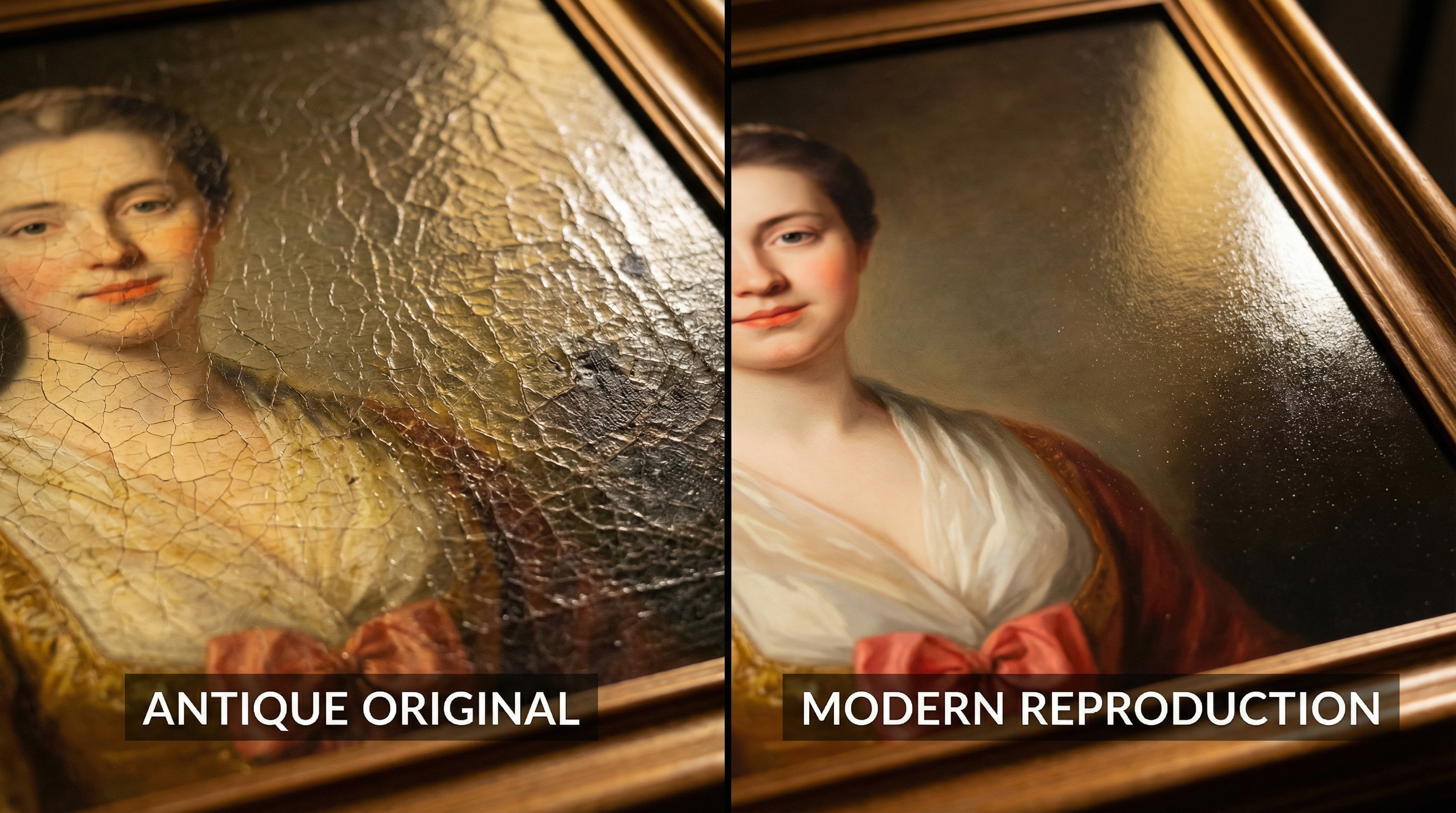Close-up comparison showing craquelure patterns and aging signs on an antique oil painting versus a modern reproduction