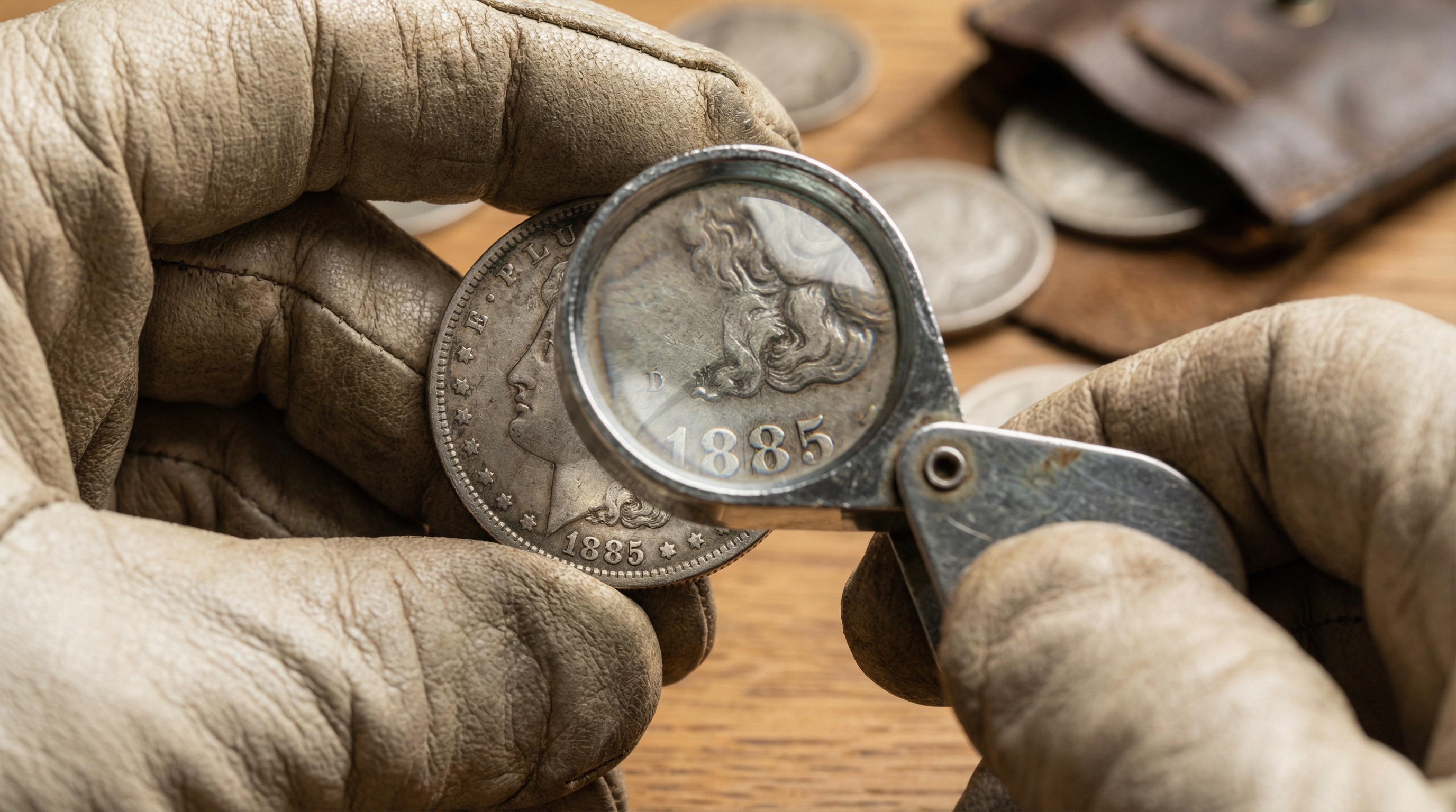 Close up of hands examining coin with magnifying glass showing mint mark