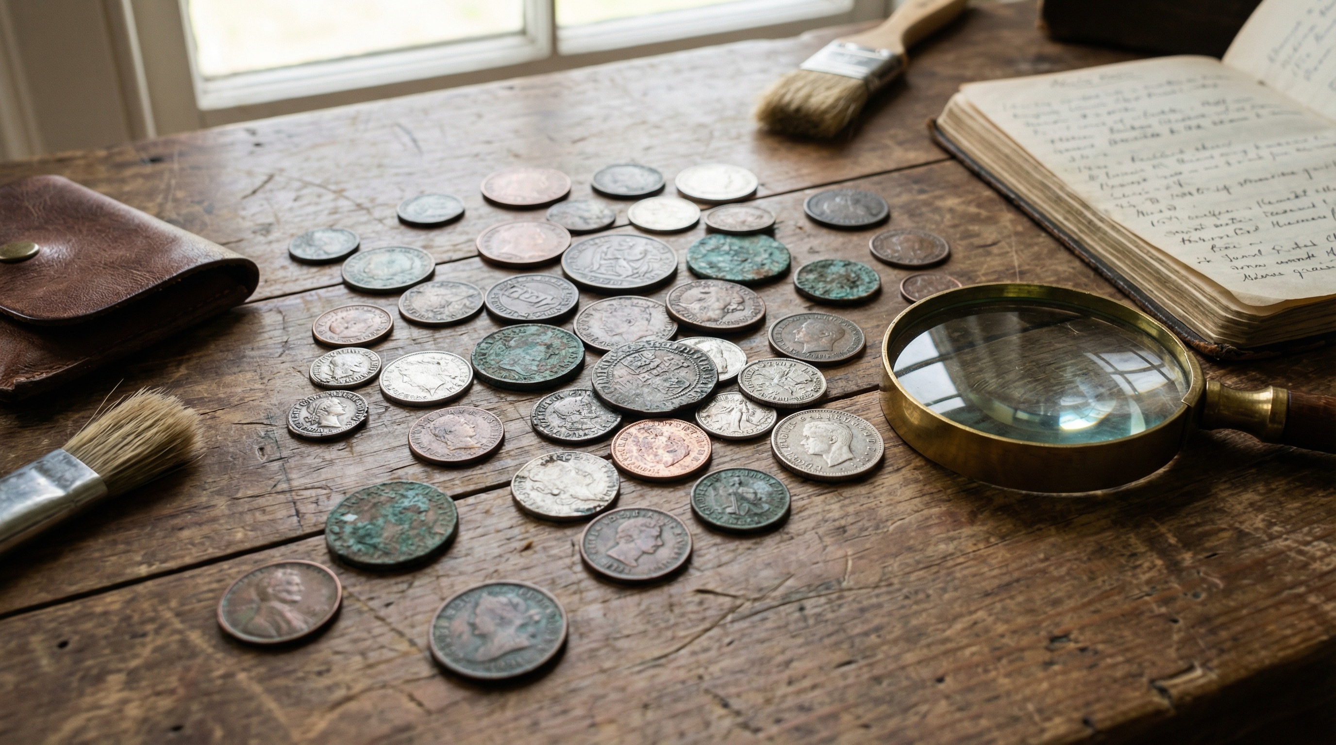 Old coins scattered on table with magnifying glass