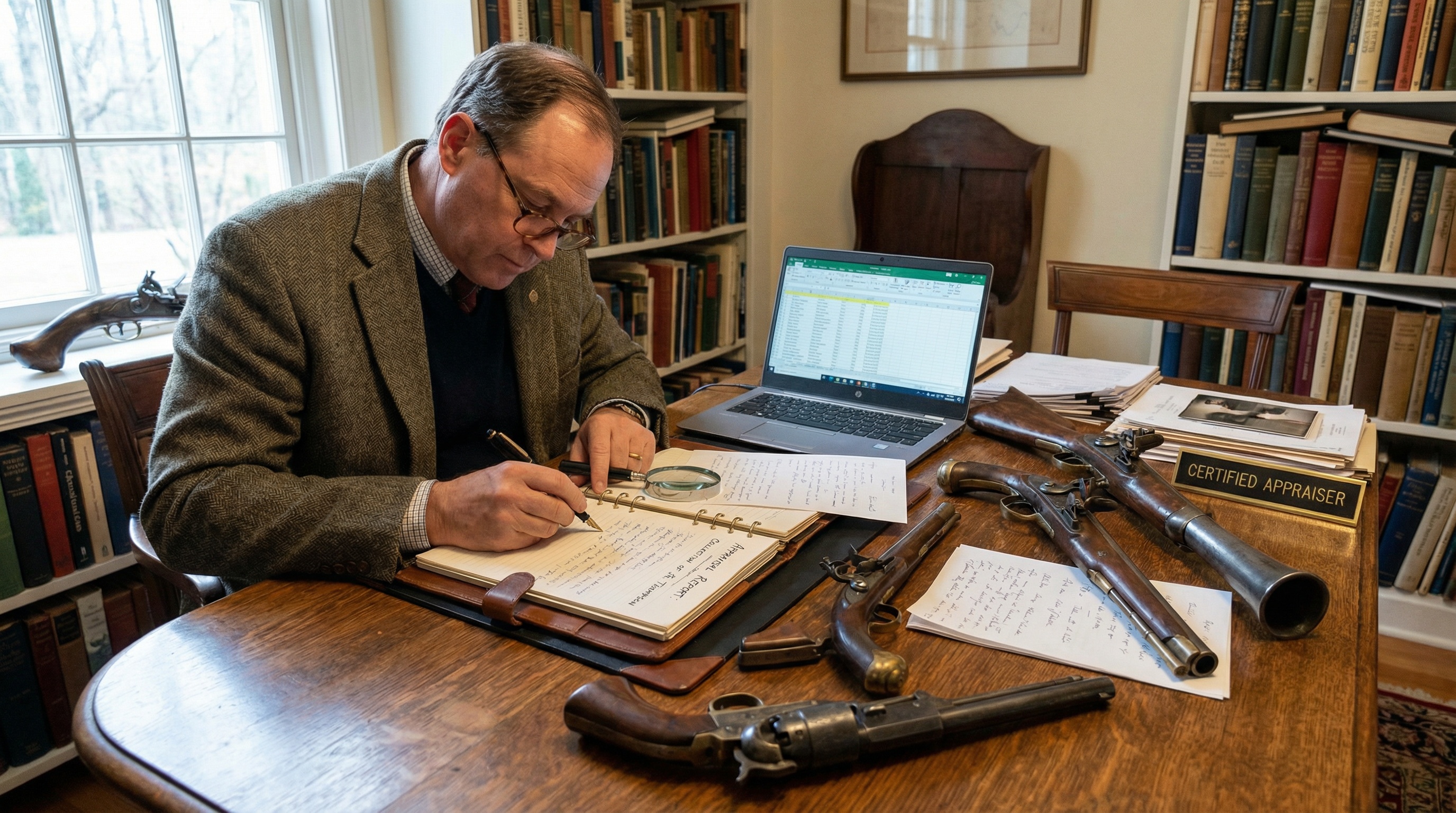 Appraiser writing detailed report with antique firearms on table