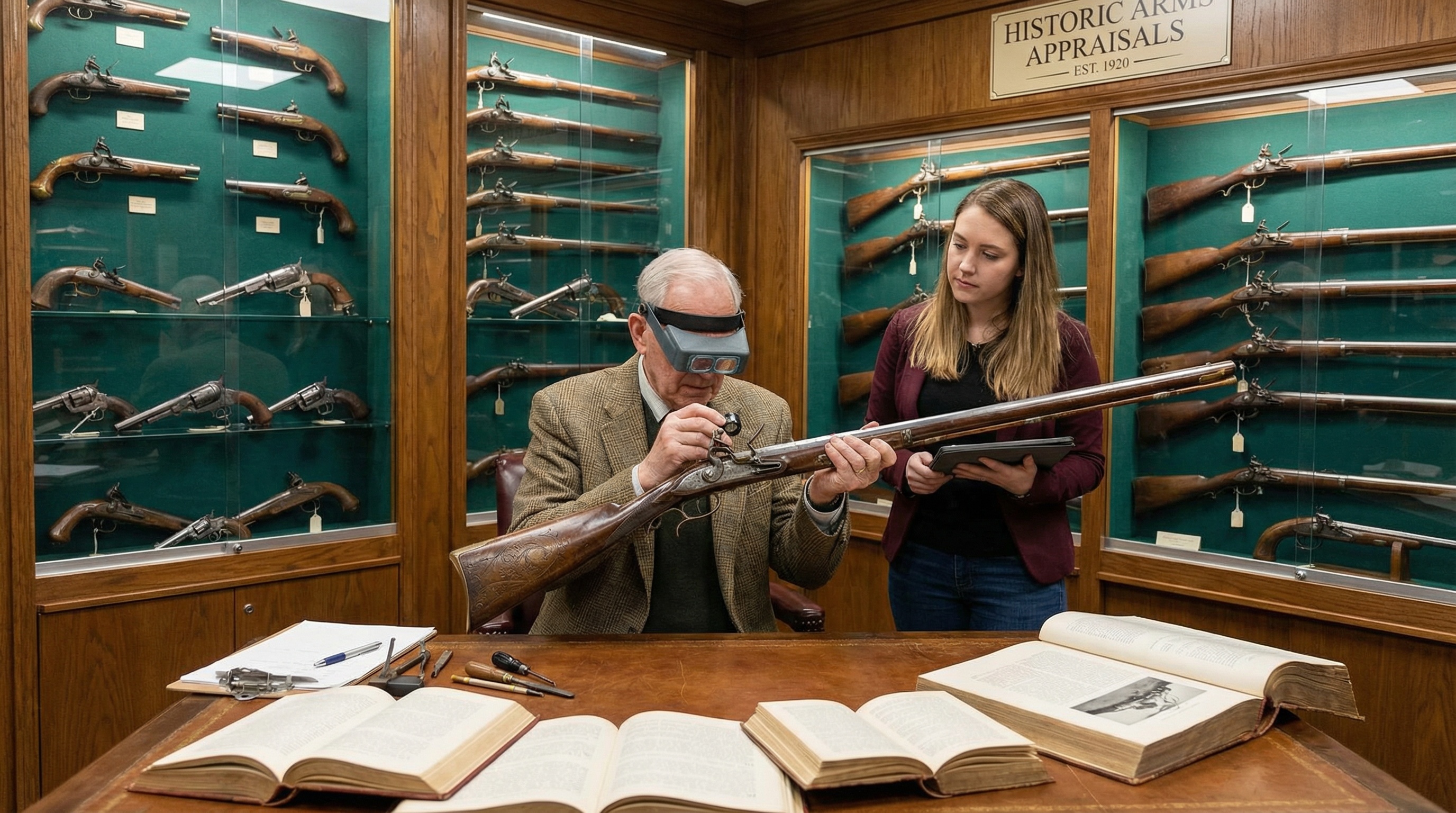 Antique gun collection with appraiser examining firearms
