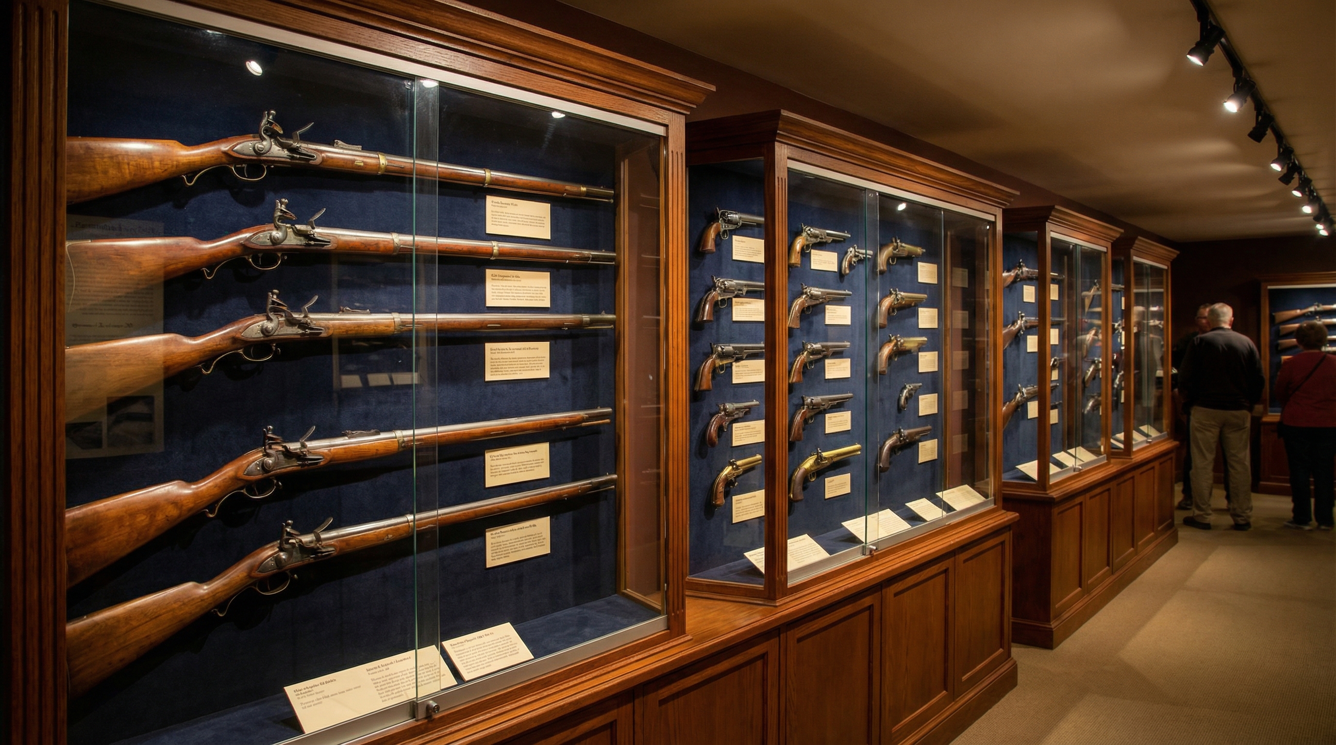 Display of various antique gun collection showing different types of rifles and pistols