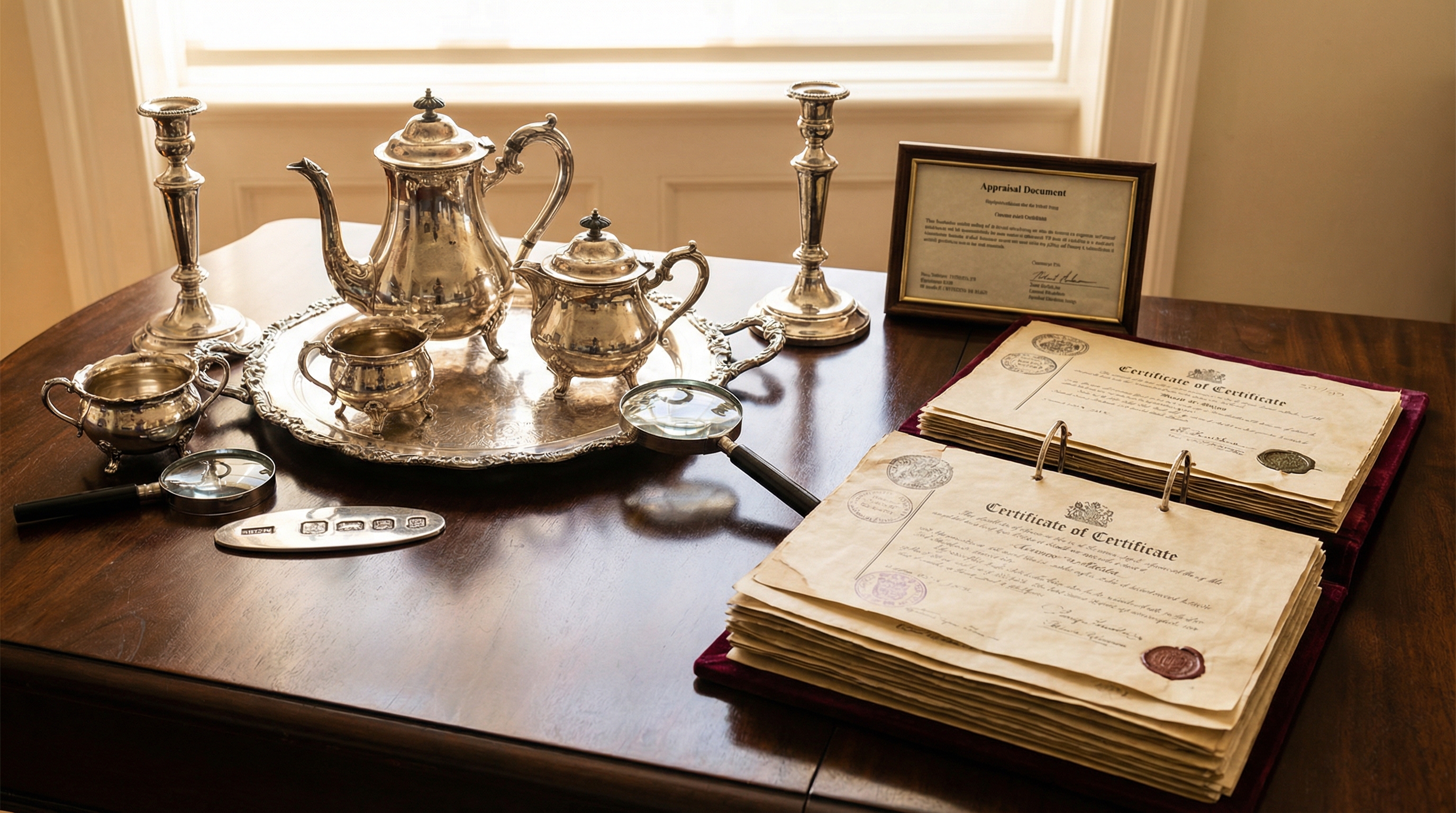Antique silver collection with hallmarks and certification documents