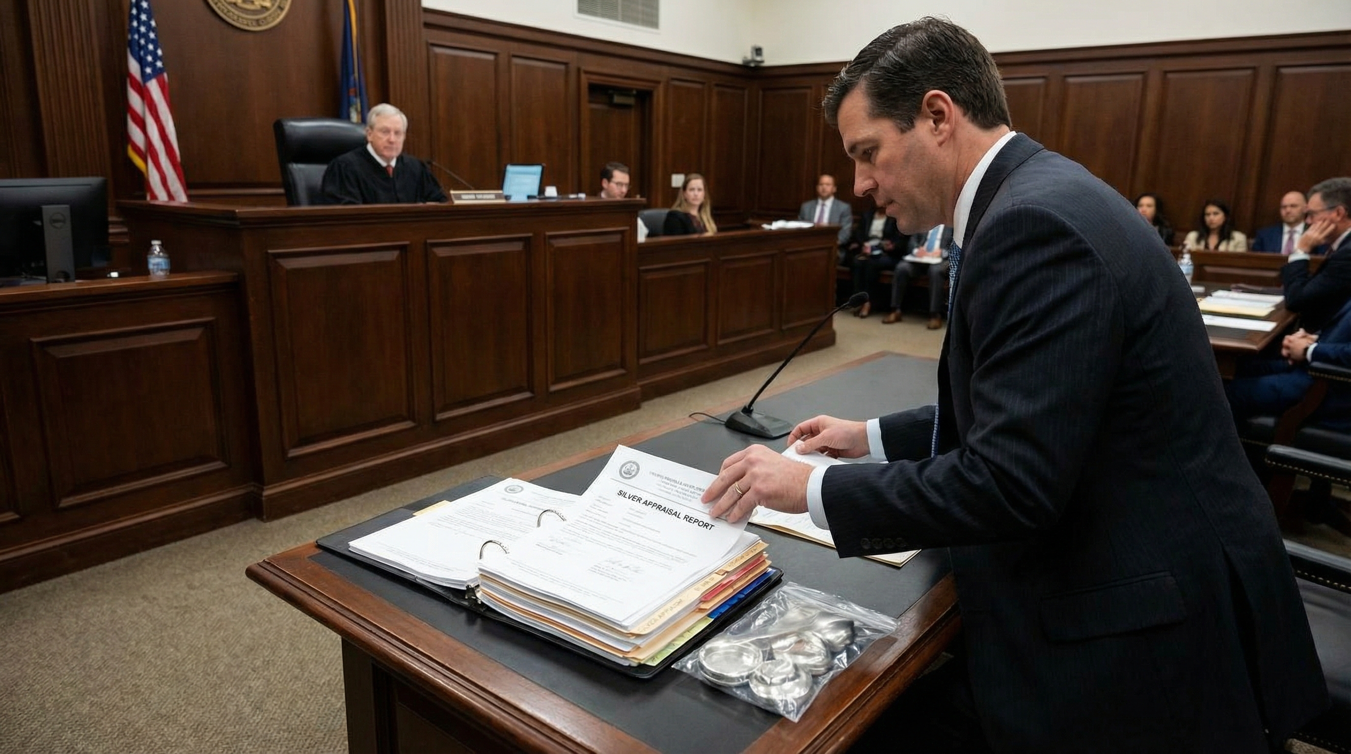 Courtroom scene with silver appraisal documents as evidence