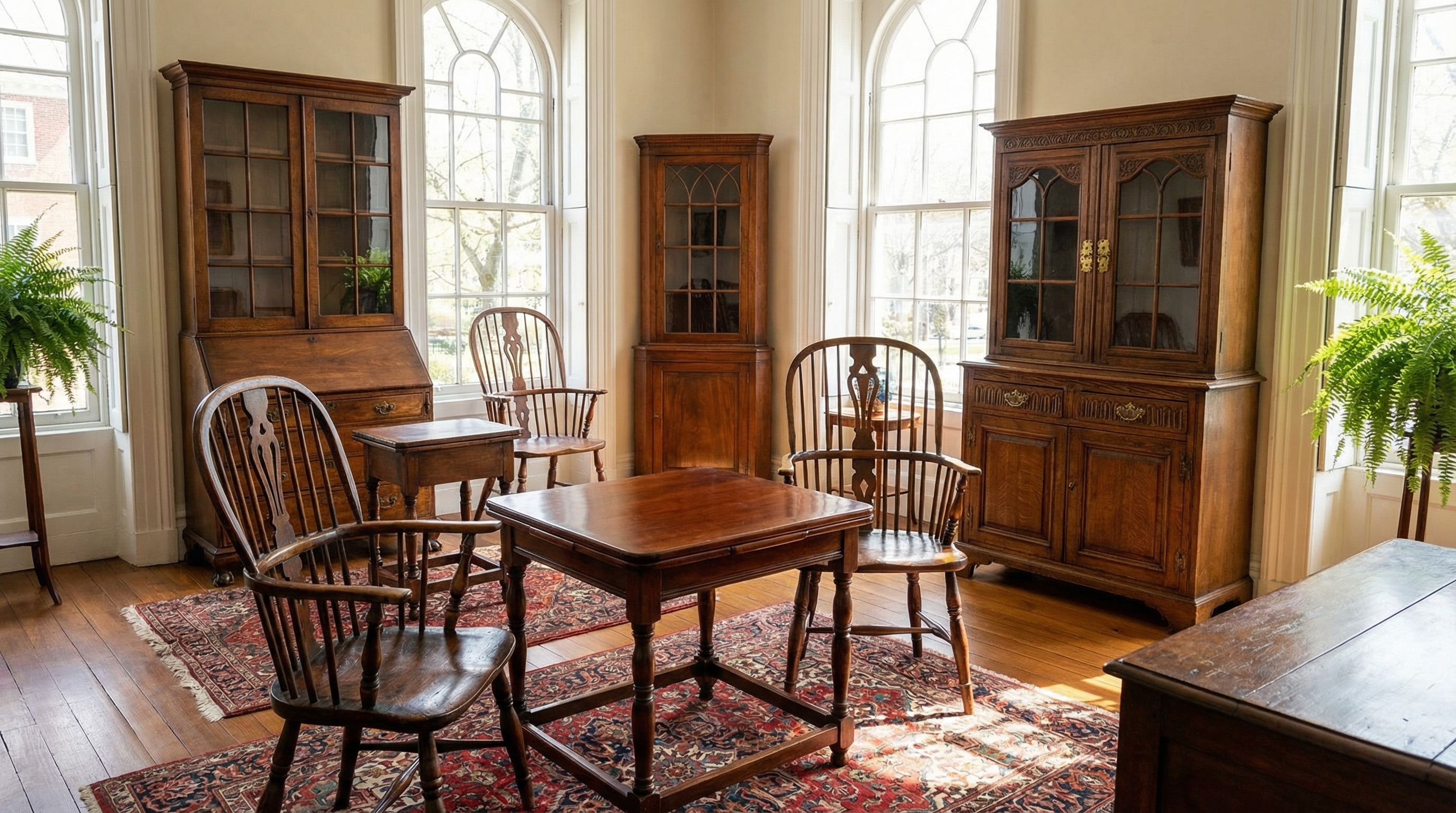 Antique furniture collection in well lit room