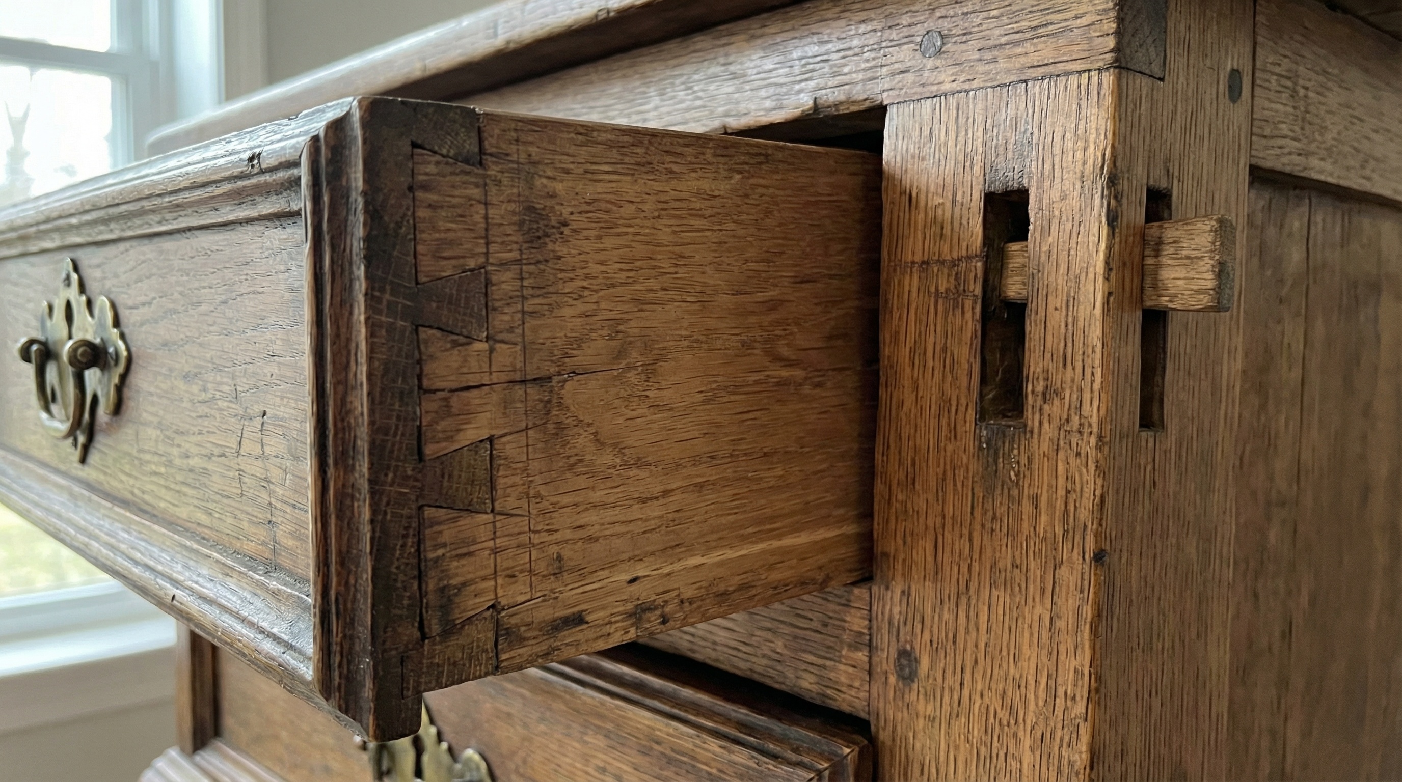 Close up of antique furniture joinery and hardware details