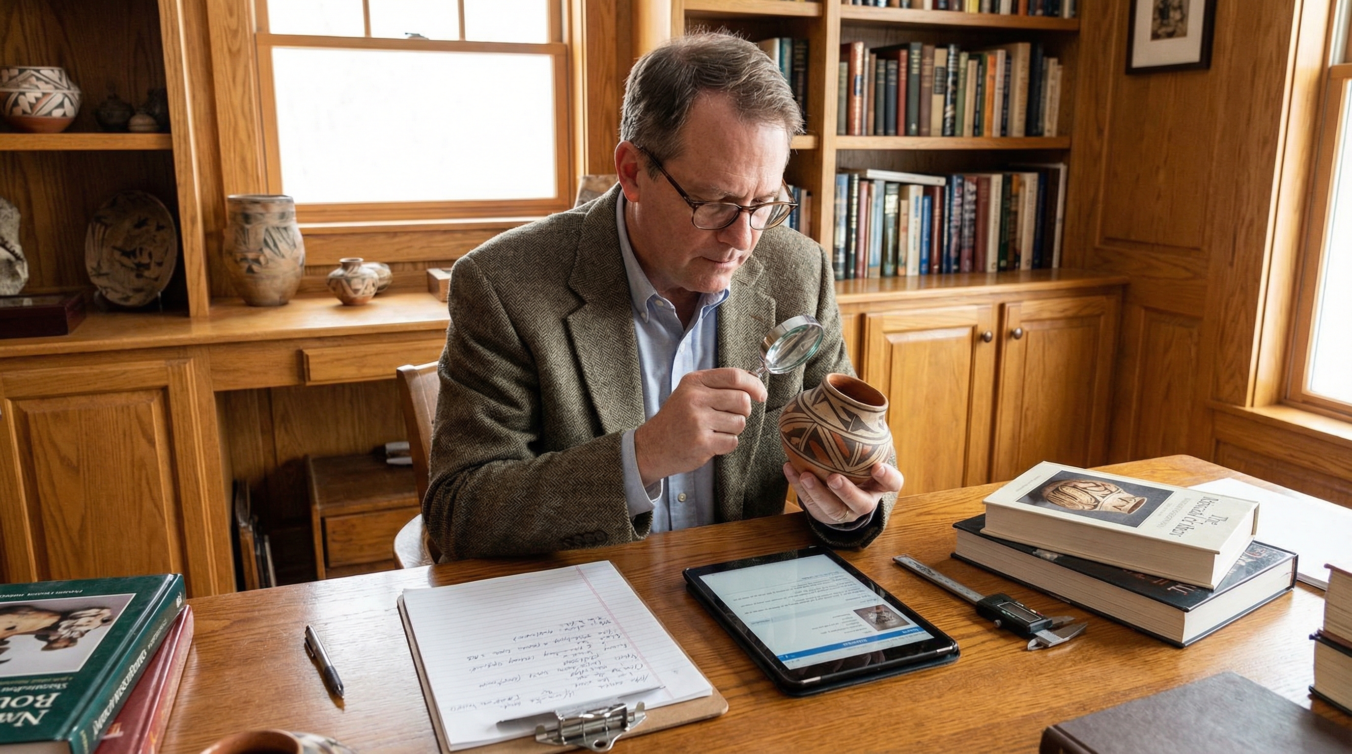 Professional appraiser examining Native American pottery with magnifying glass and documentation tools