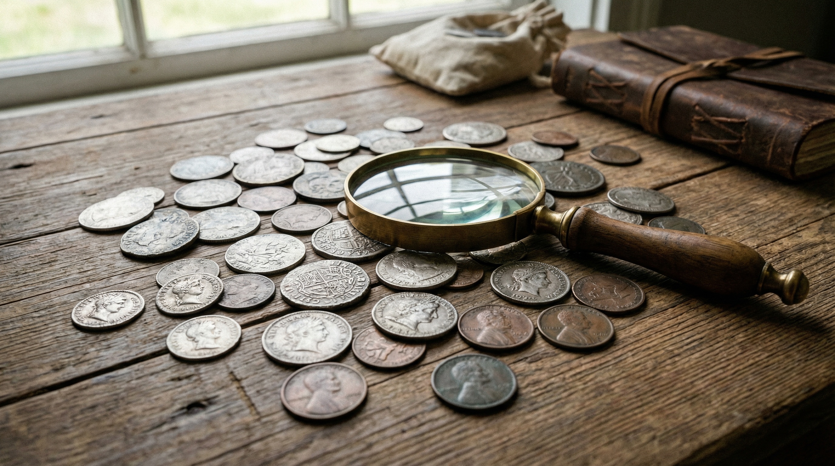 vintage coins spread on table with magnifying glass