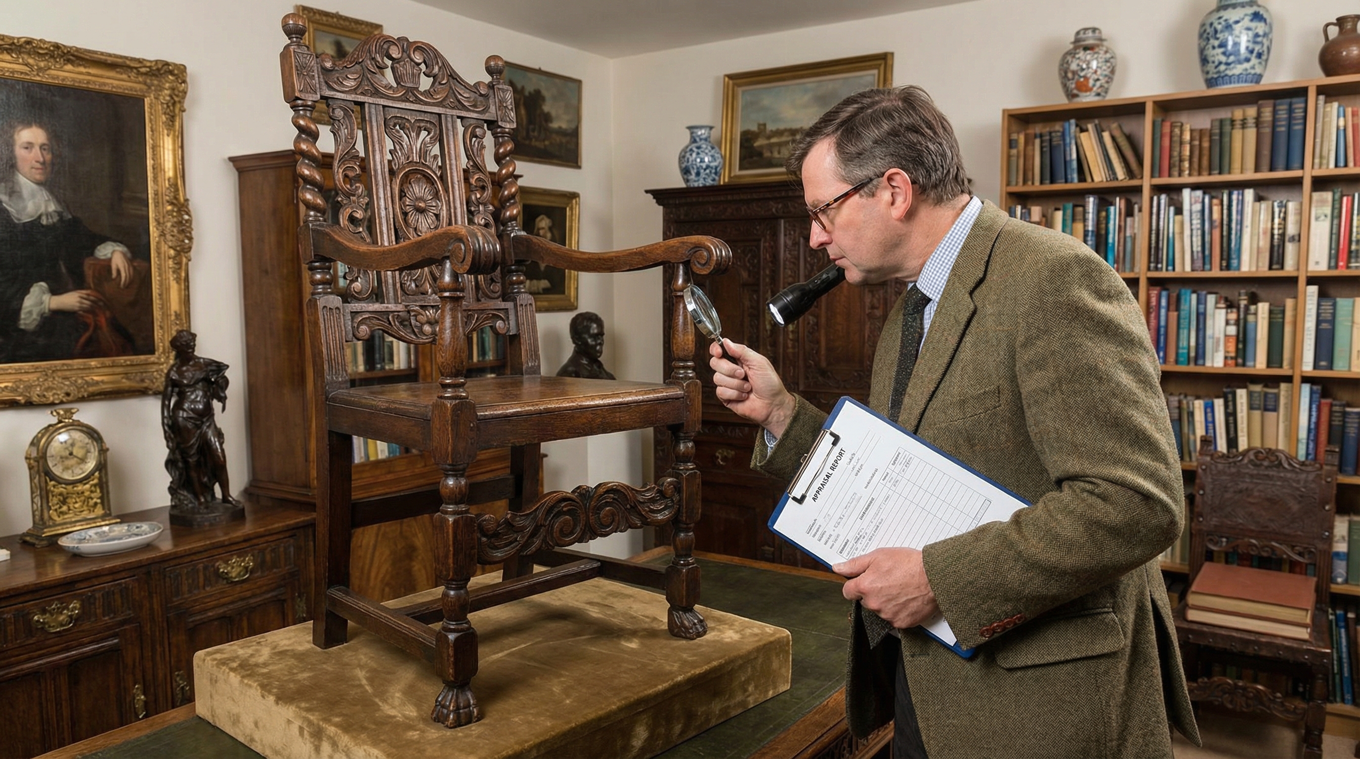 Professional appraiser examining a vintage antique chair during appraisal process