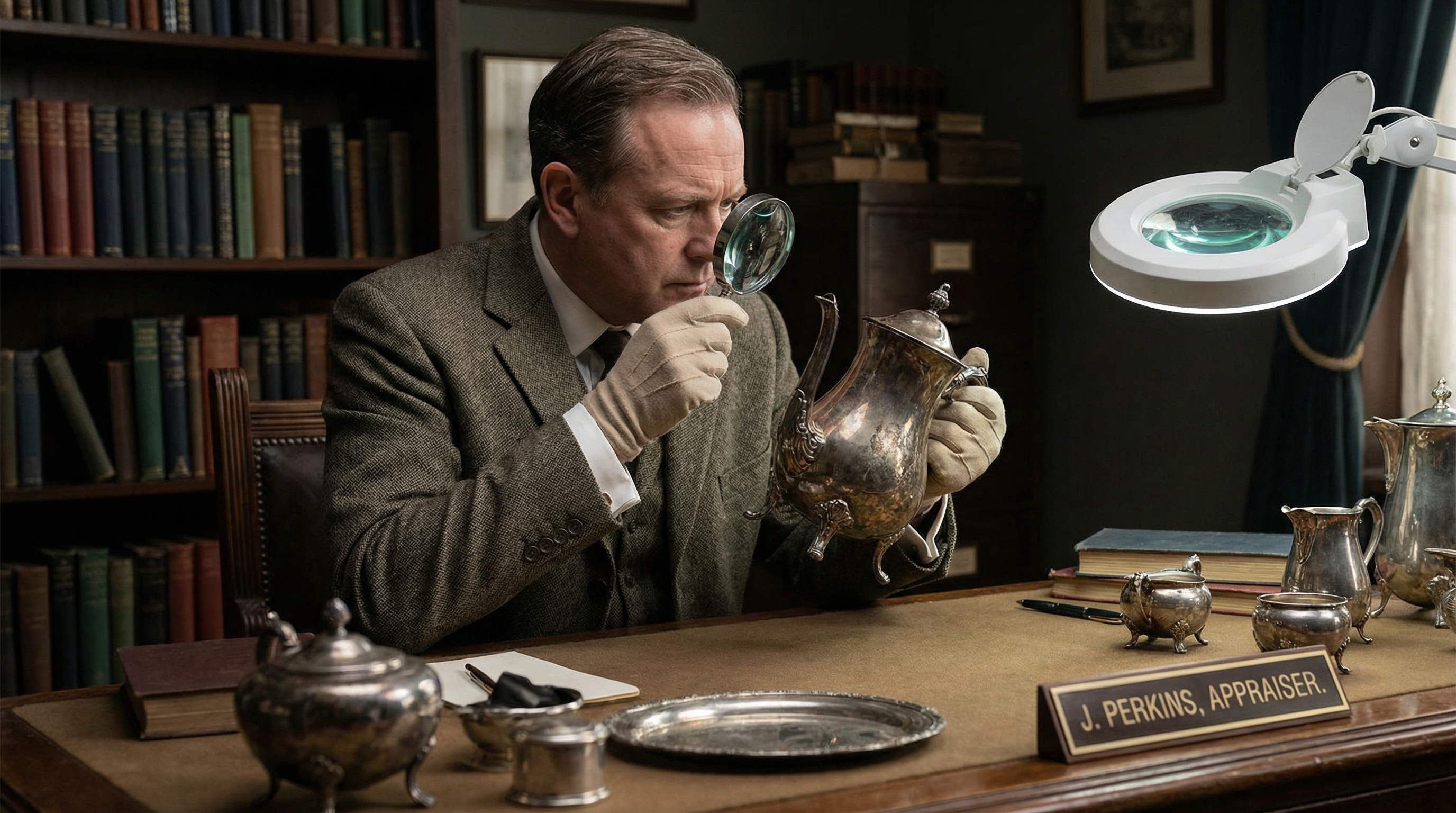 professional appraiser examining antique silver piece with magnifying glass