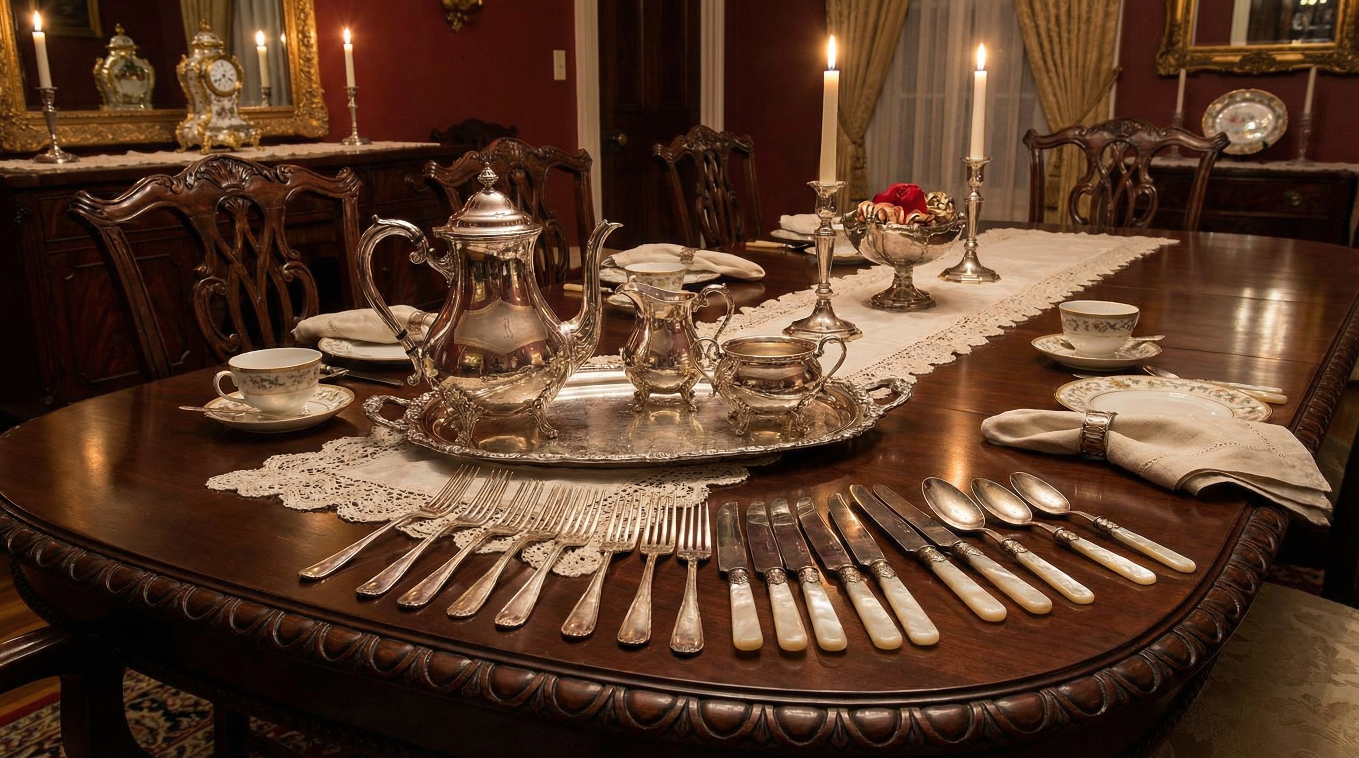 antique silver tea set and flatware collection on elegant table
