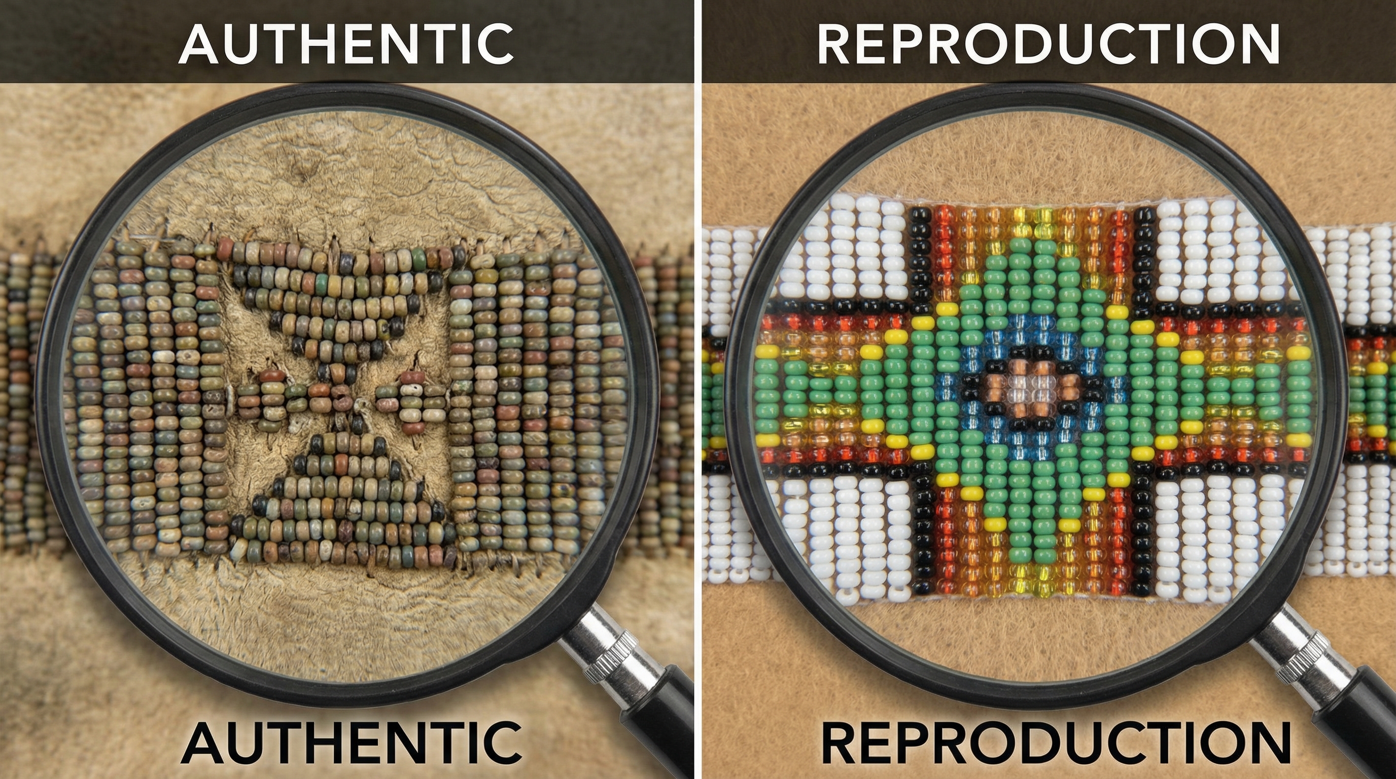 Close-up comparison showing authentic vs. reproduction Native American beadwork patterns and materials
