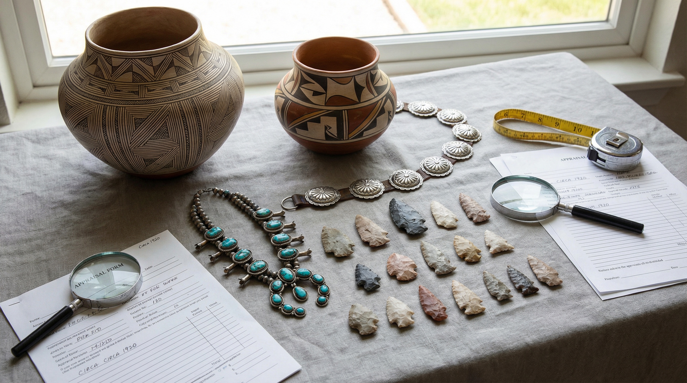 Native American pottery, jewelry, and arrowheads displayed on a neutral background for appraisal documentation